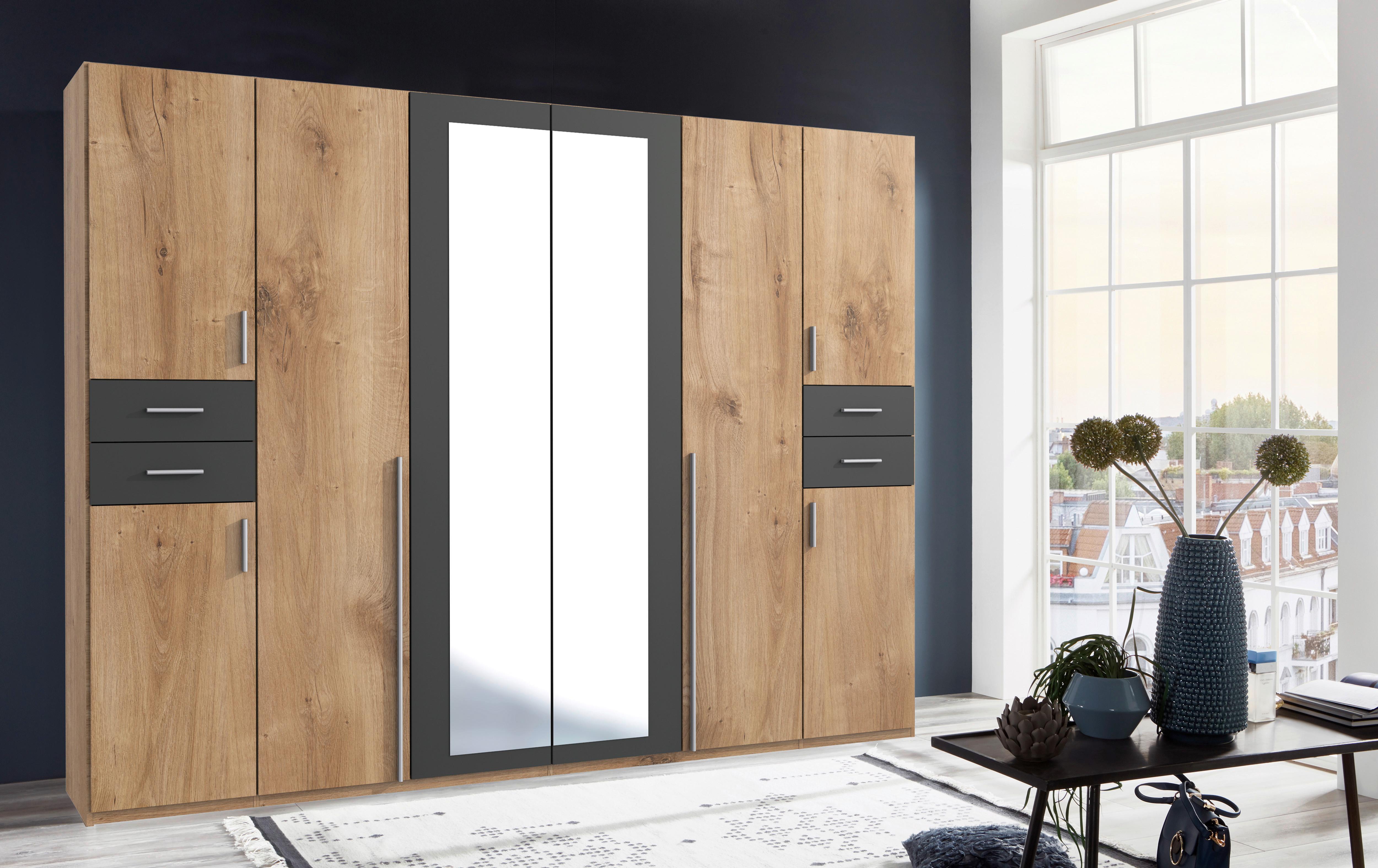 Drehtürenschrank Mit Spiegel 270cm Vegas, Eiche Dekor - Eichefarben/Graphitfarben, Basics, Holzwerkstoff (270/208/58cm) - MID.YOU