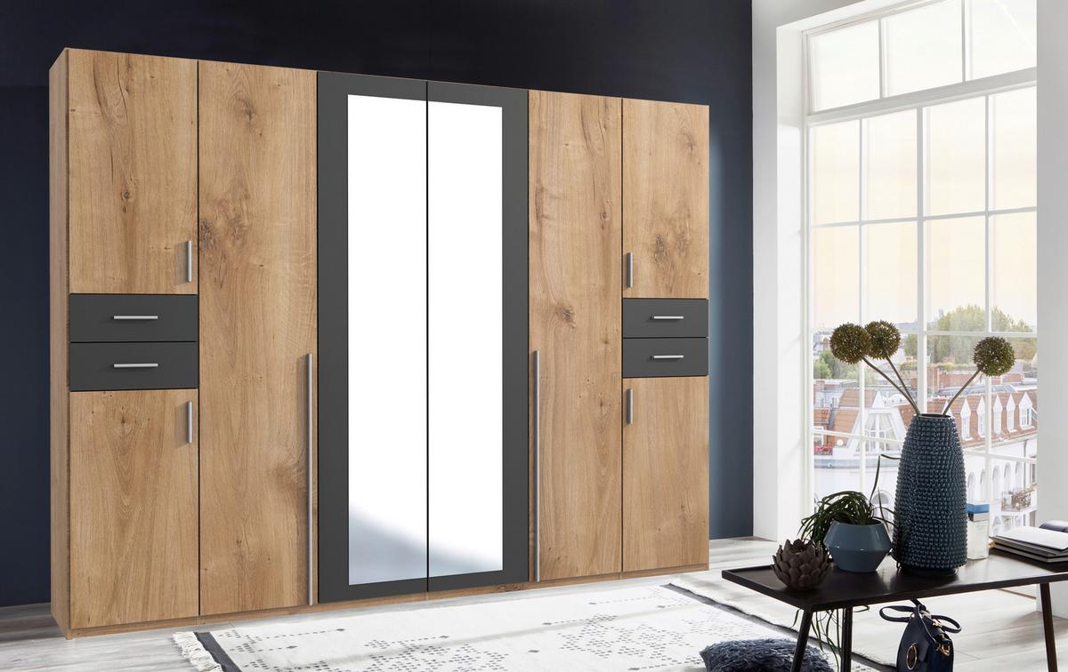 Drehtürenschrank Mit Spiegel 270cm Vegas, Eiche Dekor - Eichefarben/Graphitfarben, Basics, Holzwerkstoff (270/208/58cm) - MID.YOU