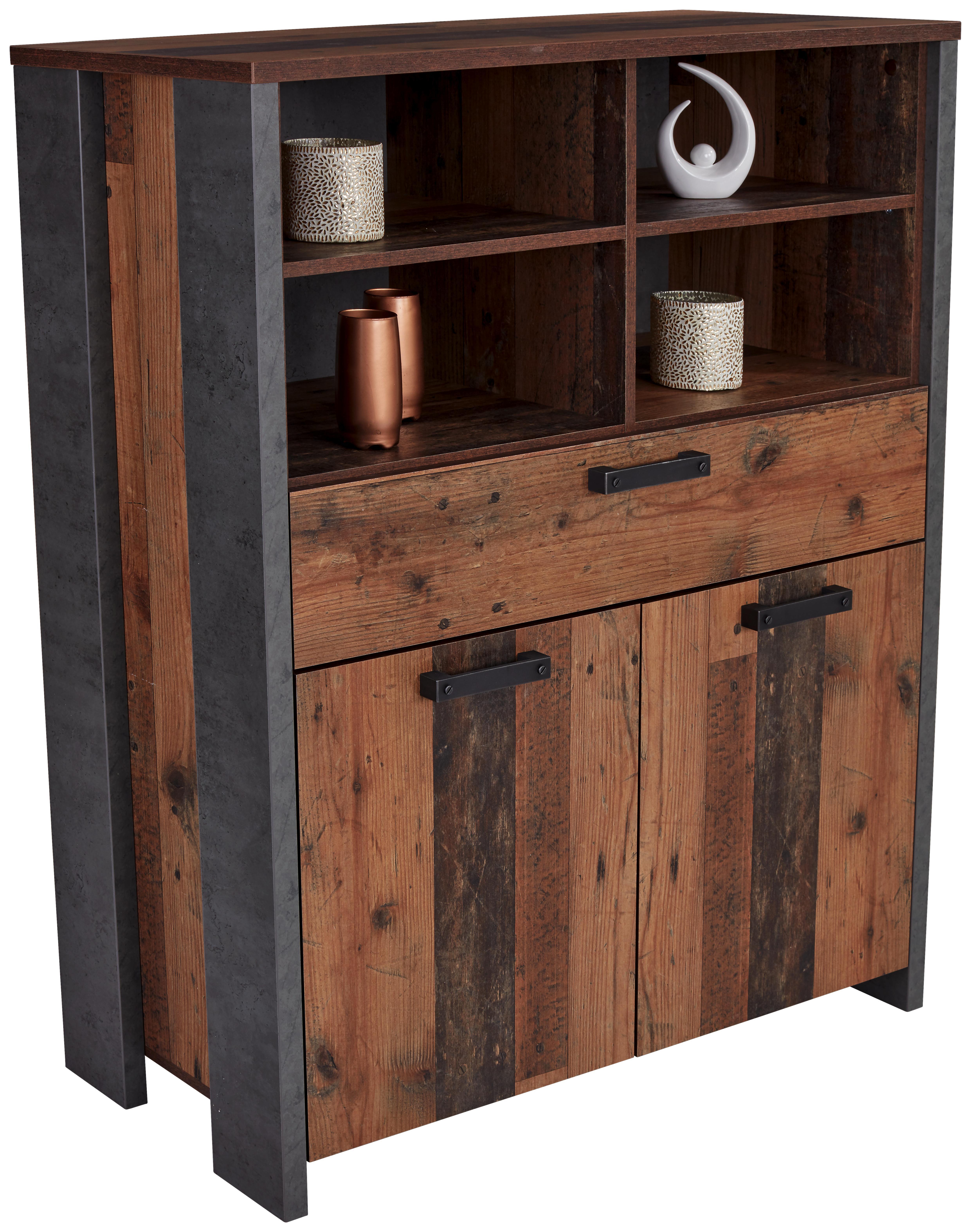 Highboard Clif B:107cm Old-wood Vintage/beton Dekor - Dunkelgrau, MODERN, Holzwerkstoff/Kunststoff (128cm)