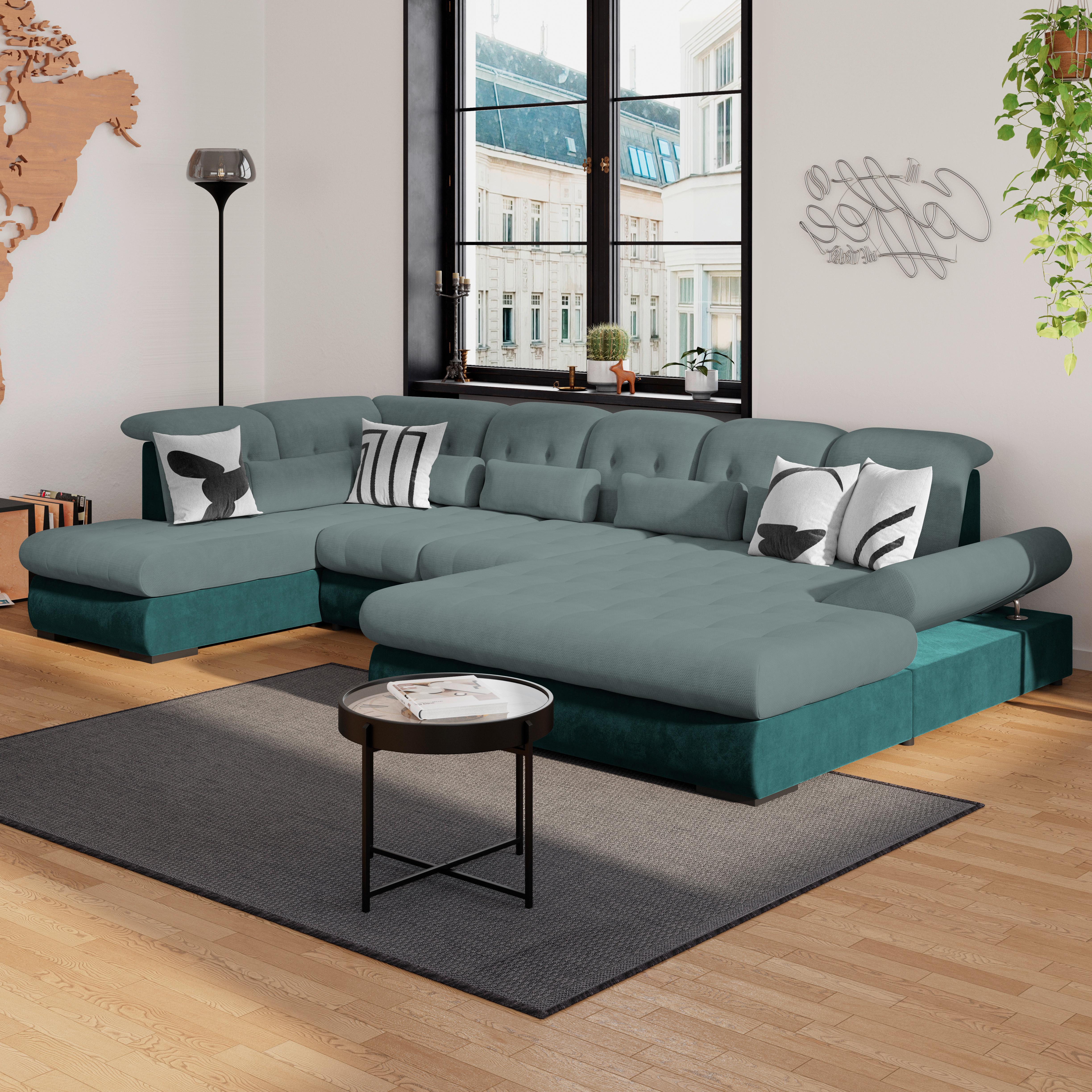 Wohnlandschaft Madera Grün, S: 212x358 cm - Türkis/Blau, KONVENTIONELL, Kunststoff/Textil (212/358/190cm)
