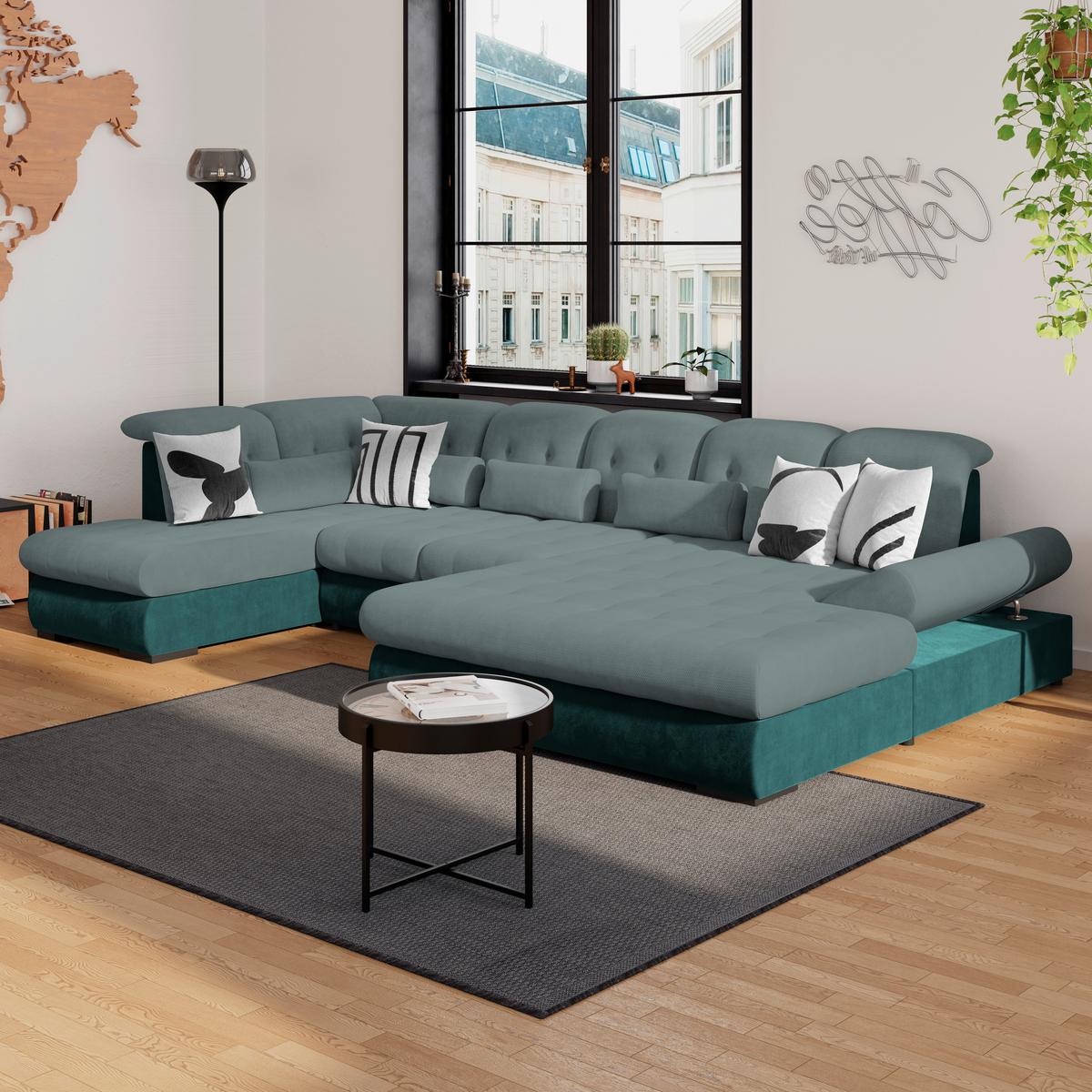 Wohnlandschaft Madera Mit Schlaffunktion Grün - Türkis/Blau, KONVENTIONELL, Kunststoff/Textil (212/358/190cm)