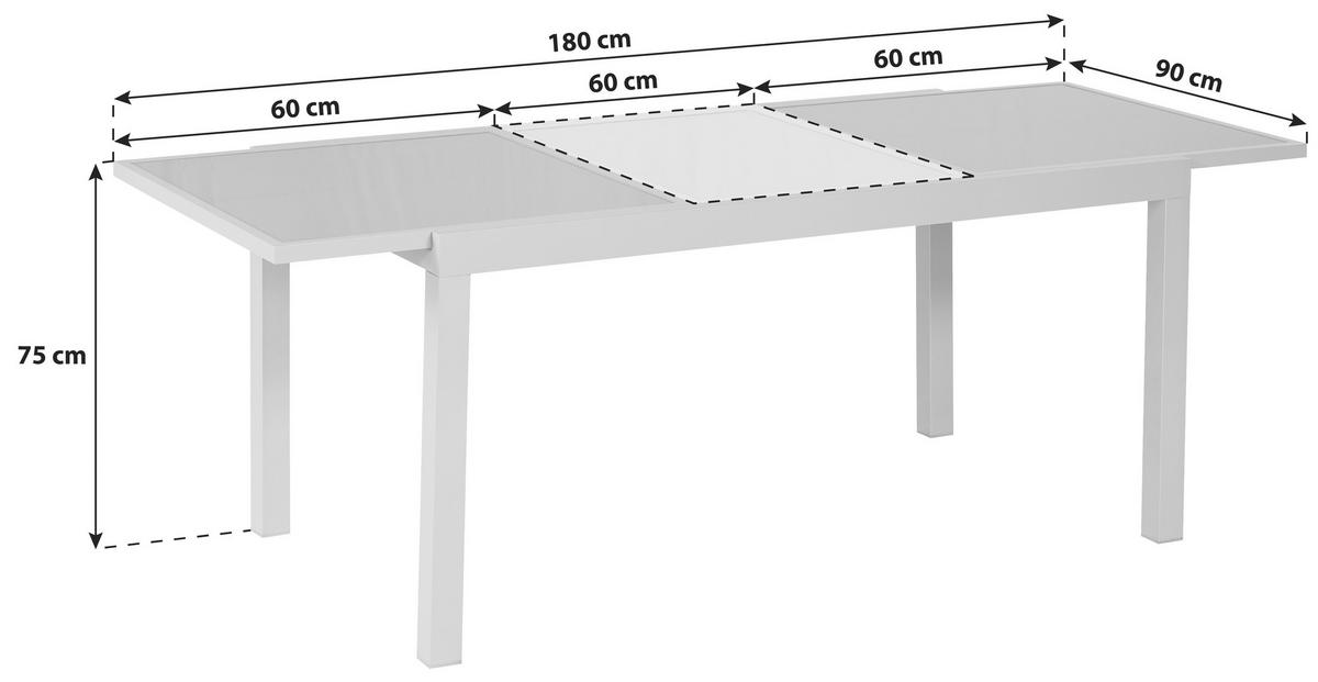 Gartentisch ausziehbar Metall/ Glas L: 120-180 cm - Silberfarben, KONVENTIONELL, Glas/Metall (120/90/75cm) - Gardenson