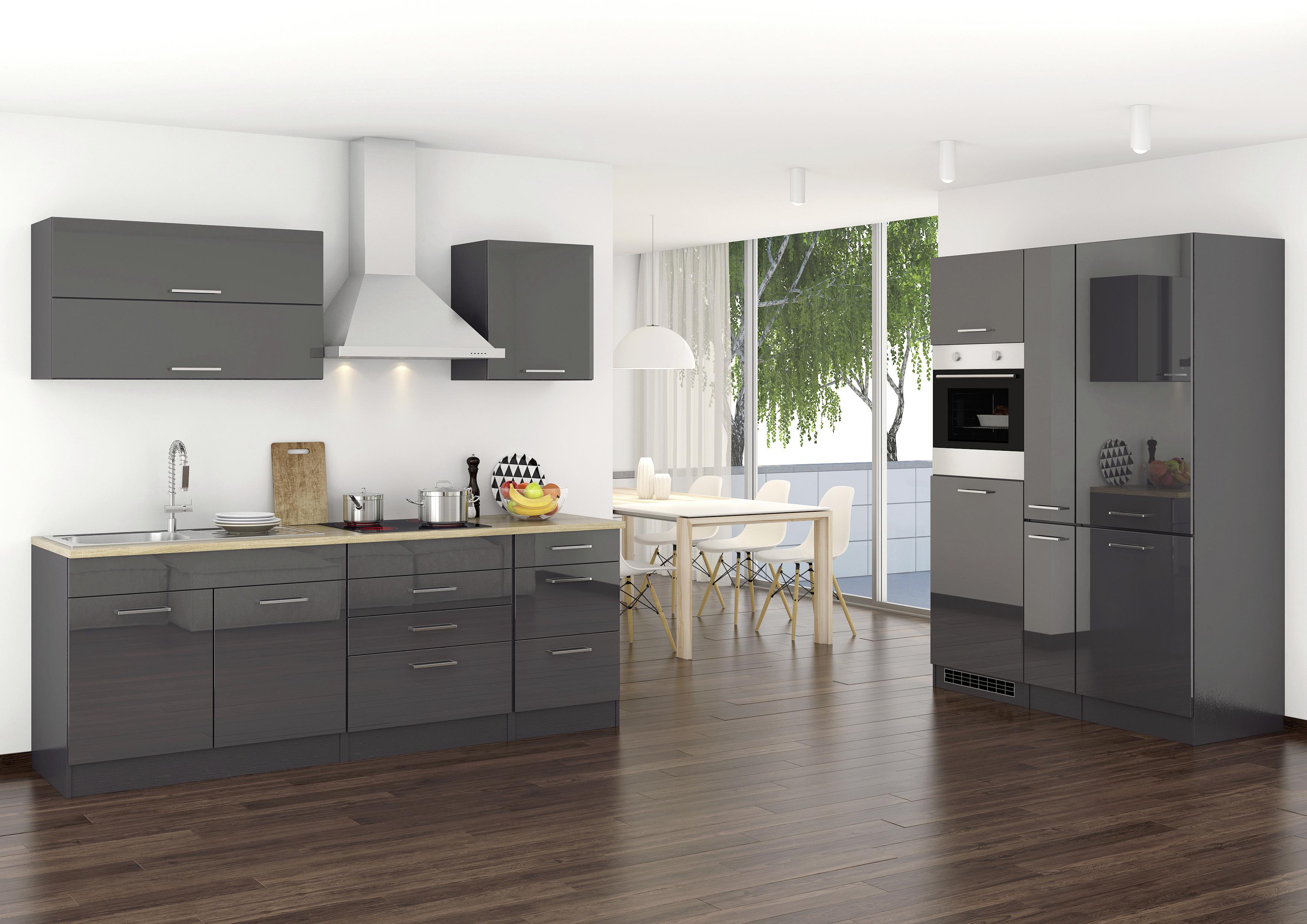 Küchenzeile Mailand mit Geräten 380 cm Anthrazit Hochglanz - Anthrazit/Weiß, MODERN, Holzwerkstoff (230/150cm) - MID.YOU