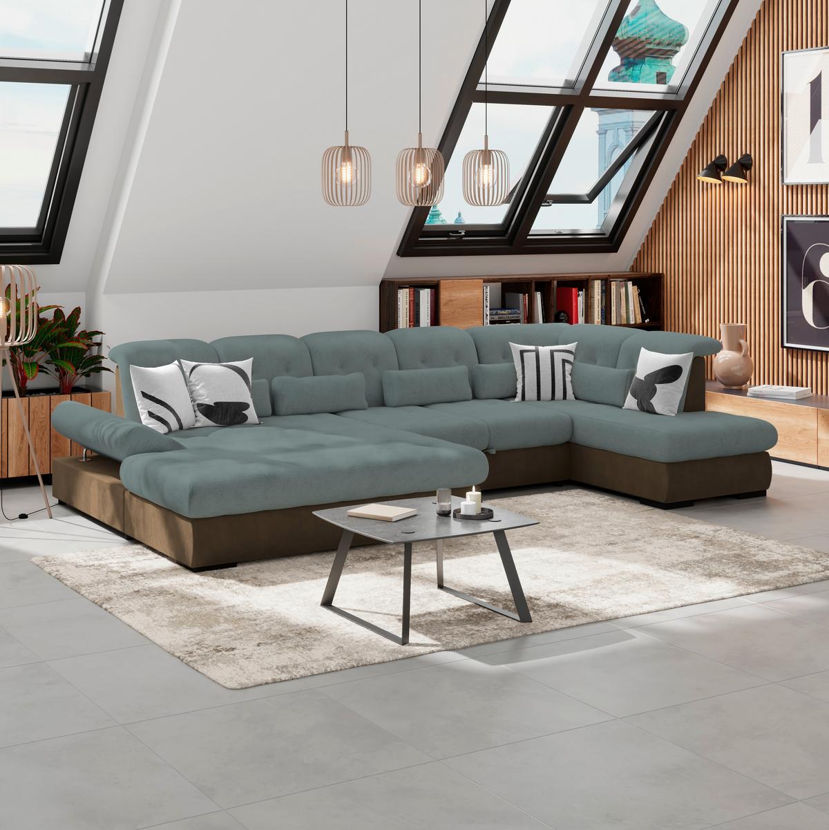 Wohnlandschaft Madera Blaugrün S: 358x312 cm - Blau/Hellbraun, KONVENTIONELL, Kunststoff/Textil (190/358/212cm)