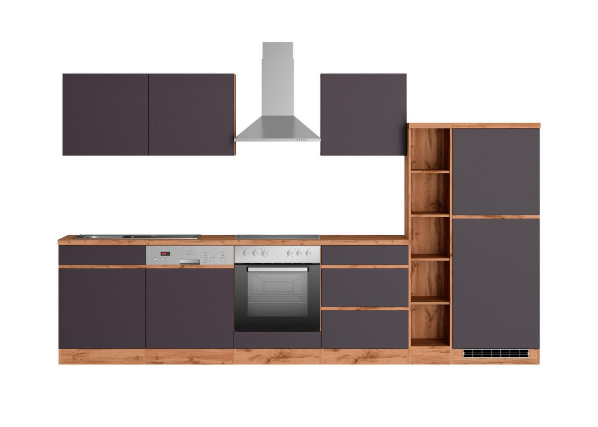 Küchenzeile Turin mit Geräte B: 330cm Grau/Wotaneiche Dekor - Eiche Wotan/Grau, Design, Holzwerkstoff (330cm) - Held
