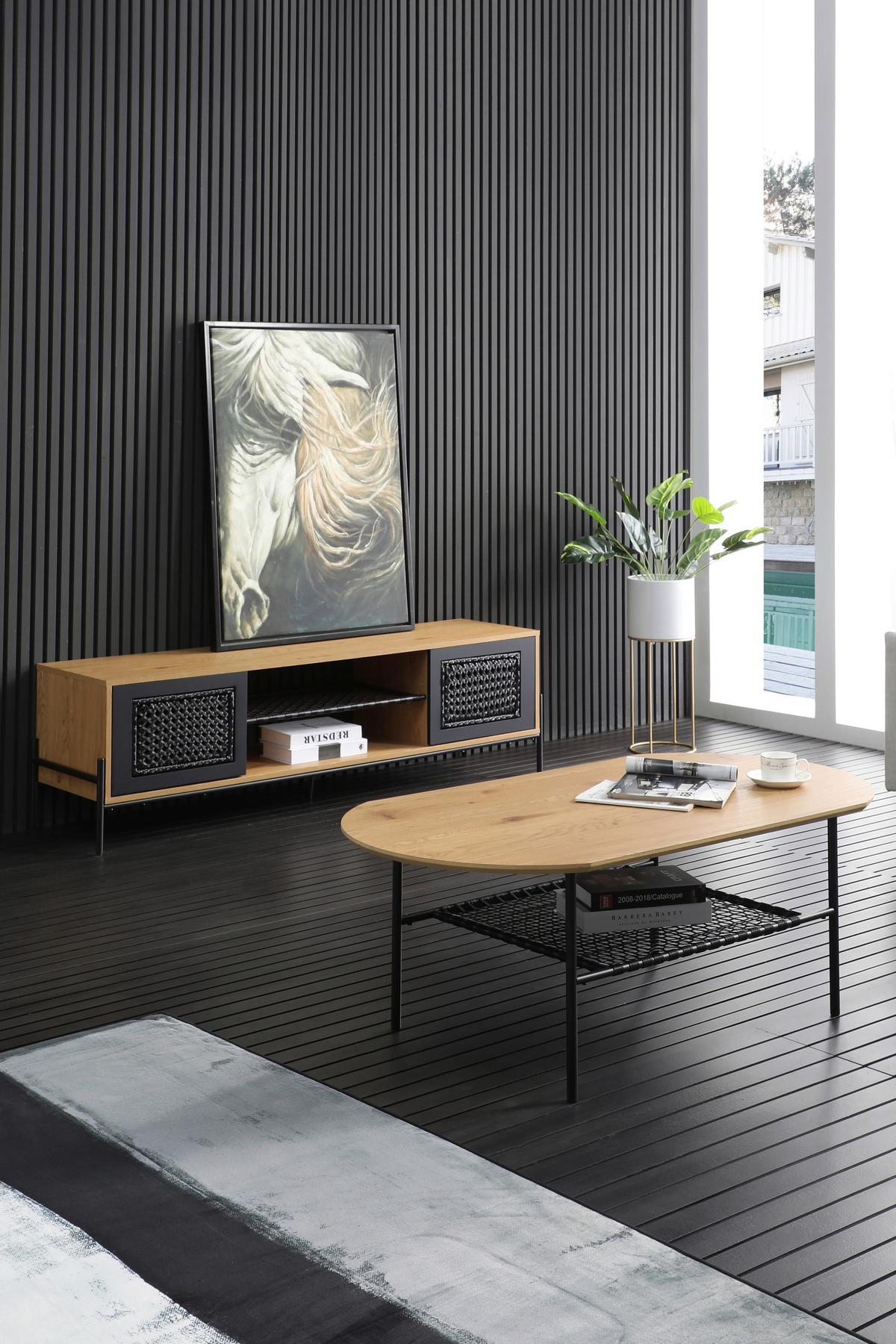 Lowboard Schwarz, Naturfarben B: 161cm - Schwarz/Naturfarben, Design, Holzwerkstoff/Kunststoff (161/47/40cm) - Livetastic