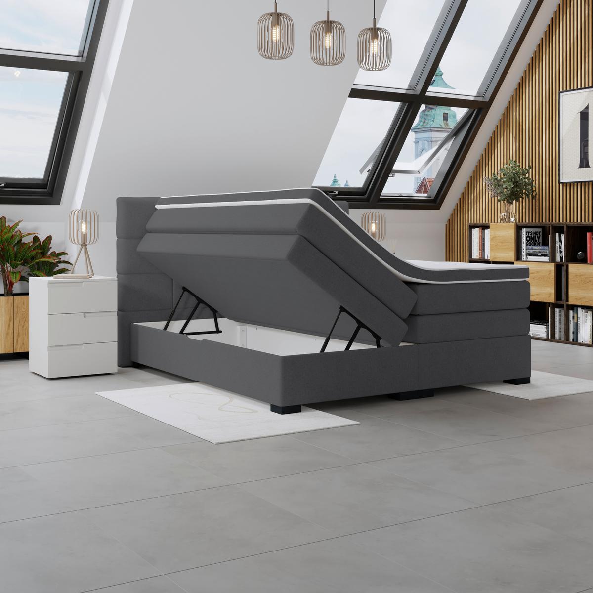 Boxspringbett April - Graubraun/Schwarz, MODERN, Textil (200/200cm)