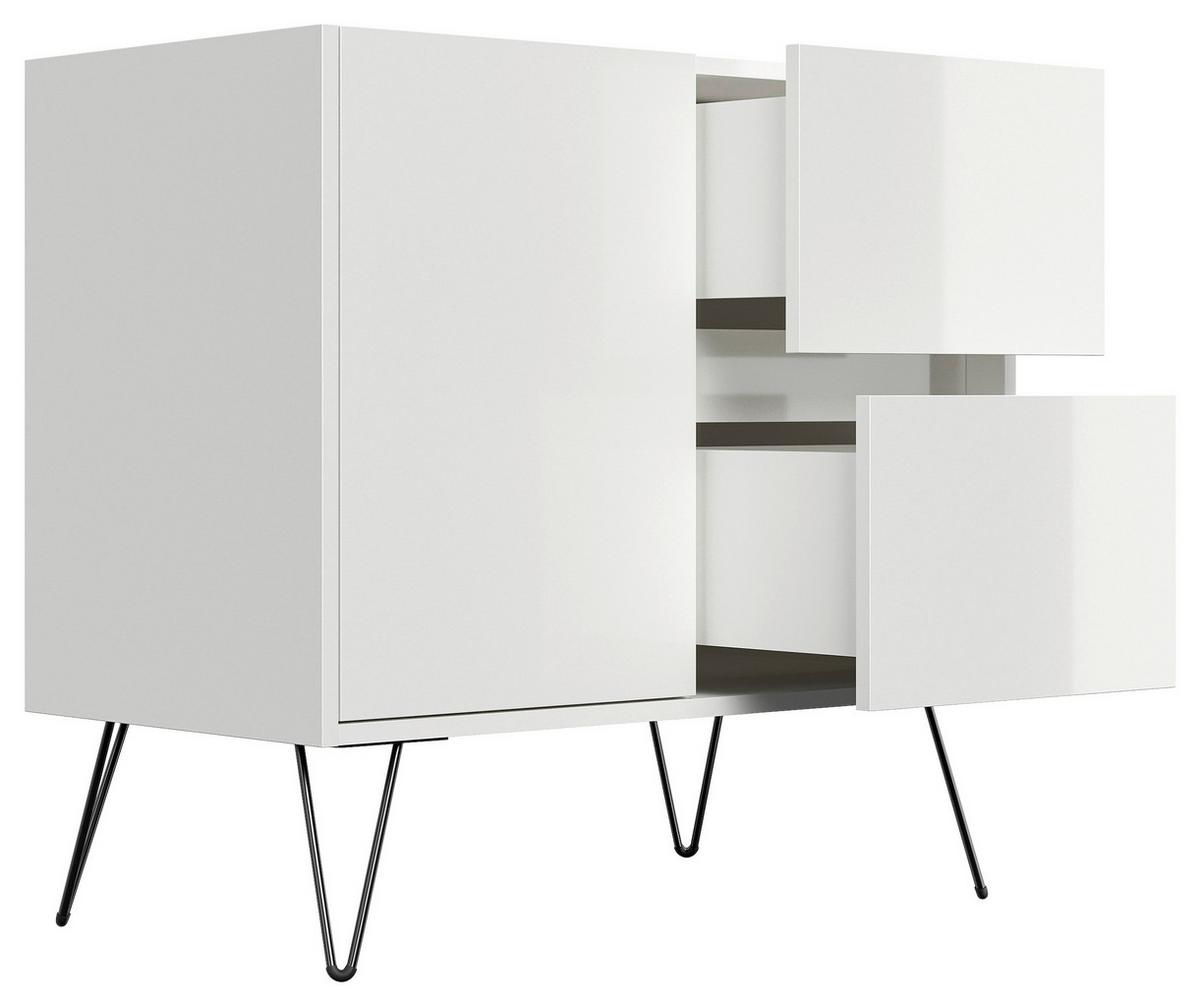 Sideboard Posseik Industrial Weiß B: 79 cm - Weiß Hochglanz/Schwarz, Design, Holzwerkstoff (79/75,8/42cm) - MID.YOU