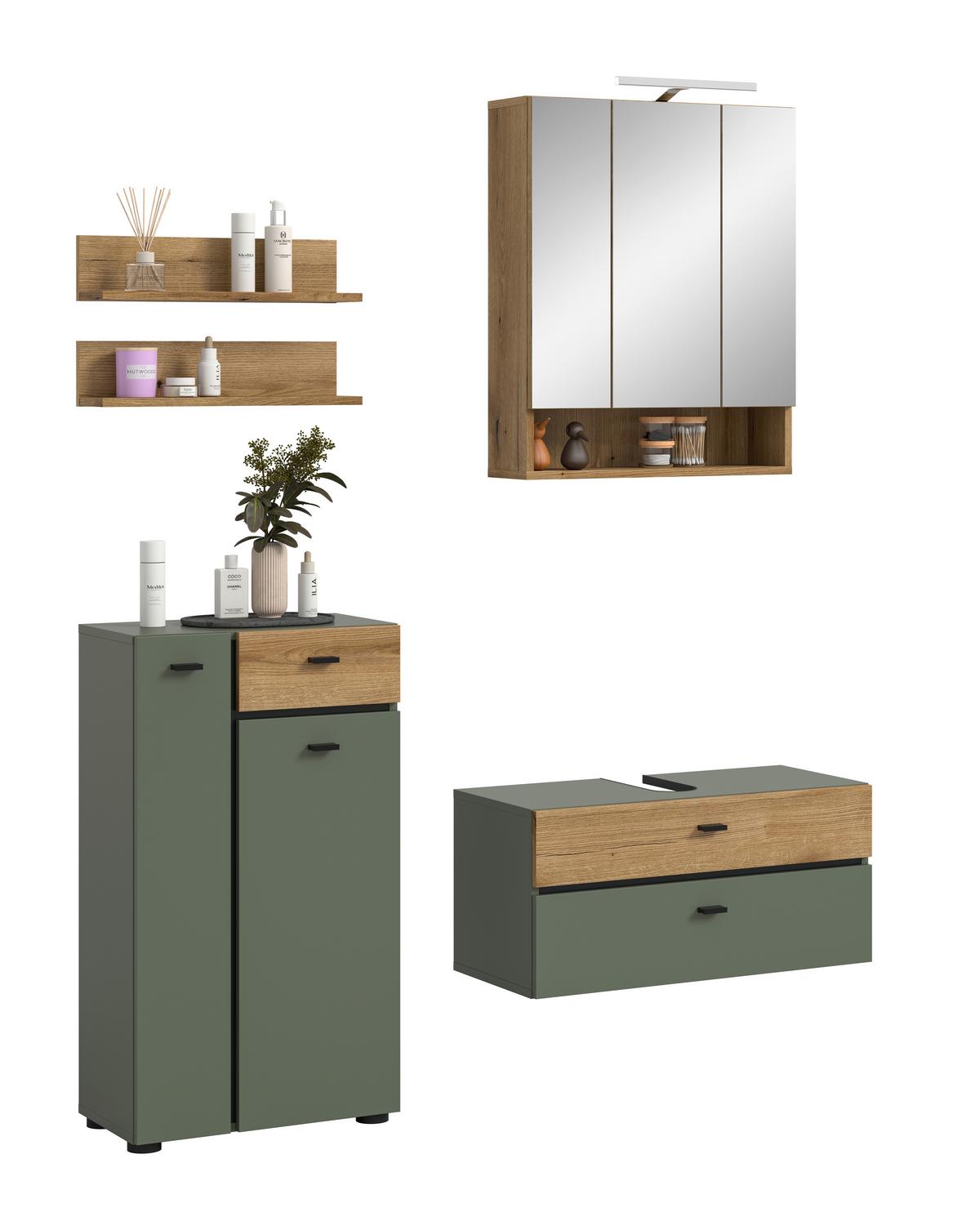 Badezimmer Aqua Grün/Eichefarben B: 126cm - Eichefarben/Schwarz, Trend, Glas/Holzwerkstoff (126cm) - MID.YOU