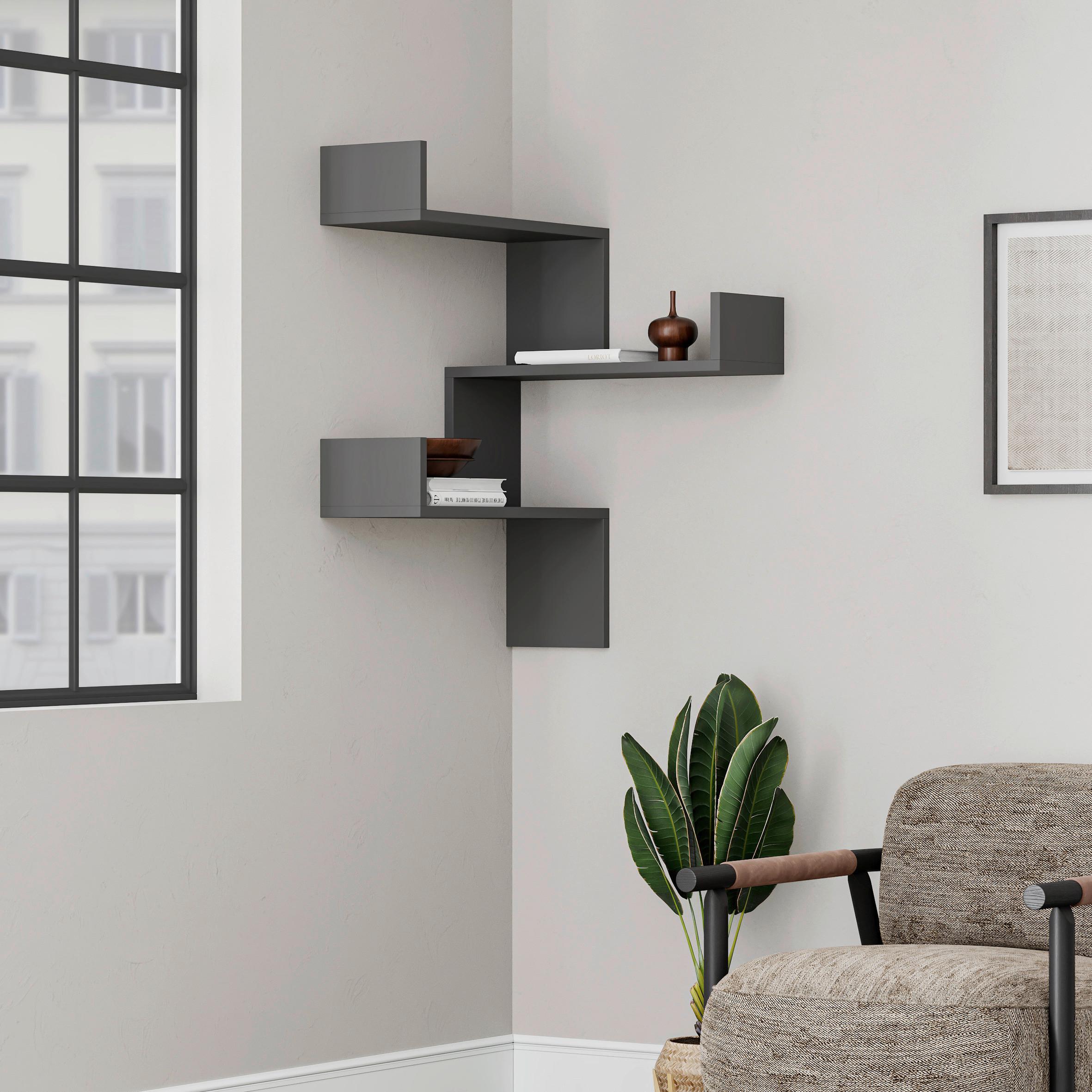 Wandregal Luksa Eckregal - Anthrazit, Design, Holzwerkstoff (60/90/22cm) - Livetastic
