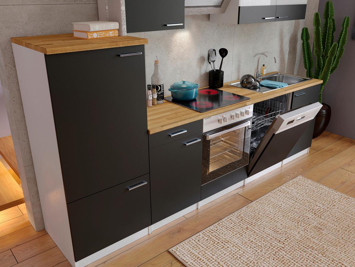 Küchenzeile Economy mit Geräten 280 cm Schwarz/Nussbaum Dekor - Nussbaumfarben/Schwarz, Basics, Holzwerkstoff (280cm) - Respekta