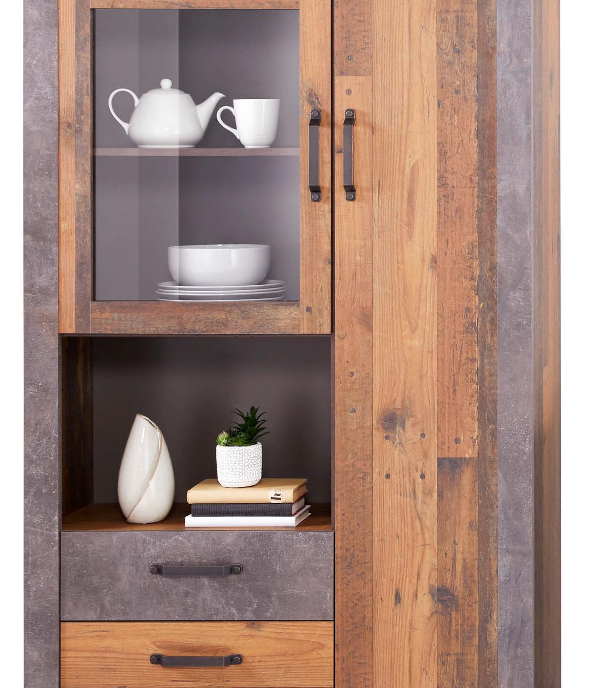 Highboard mit Glaselement B: 105 cm Ontario, Old Style - Eichefarben/Dunkelgrau, Trend, Glas/Holzwerkstoff (105/159/41,5cm) - Ondega