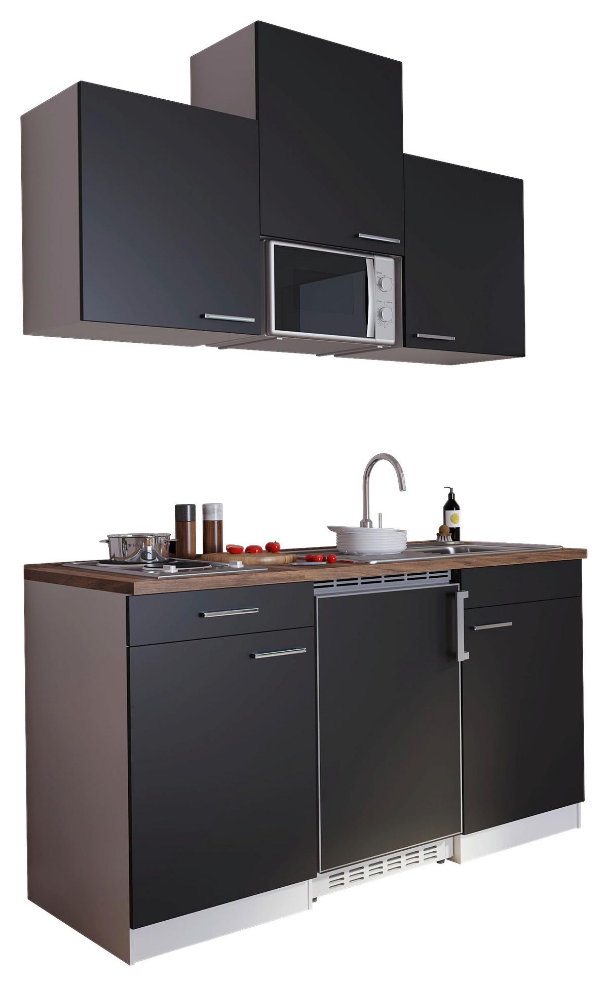 Miniküche Economy Mit Geräten 150 Cm Schwarz/ Nussbaum Dekor - Nussbaumfarben/Schwarz, Basics, Holzwerkstoff (150cm) - Respekta