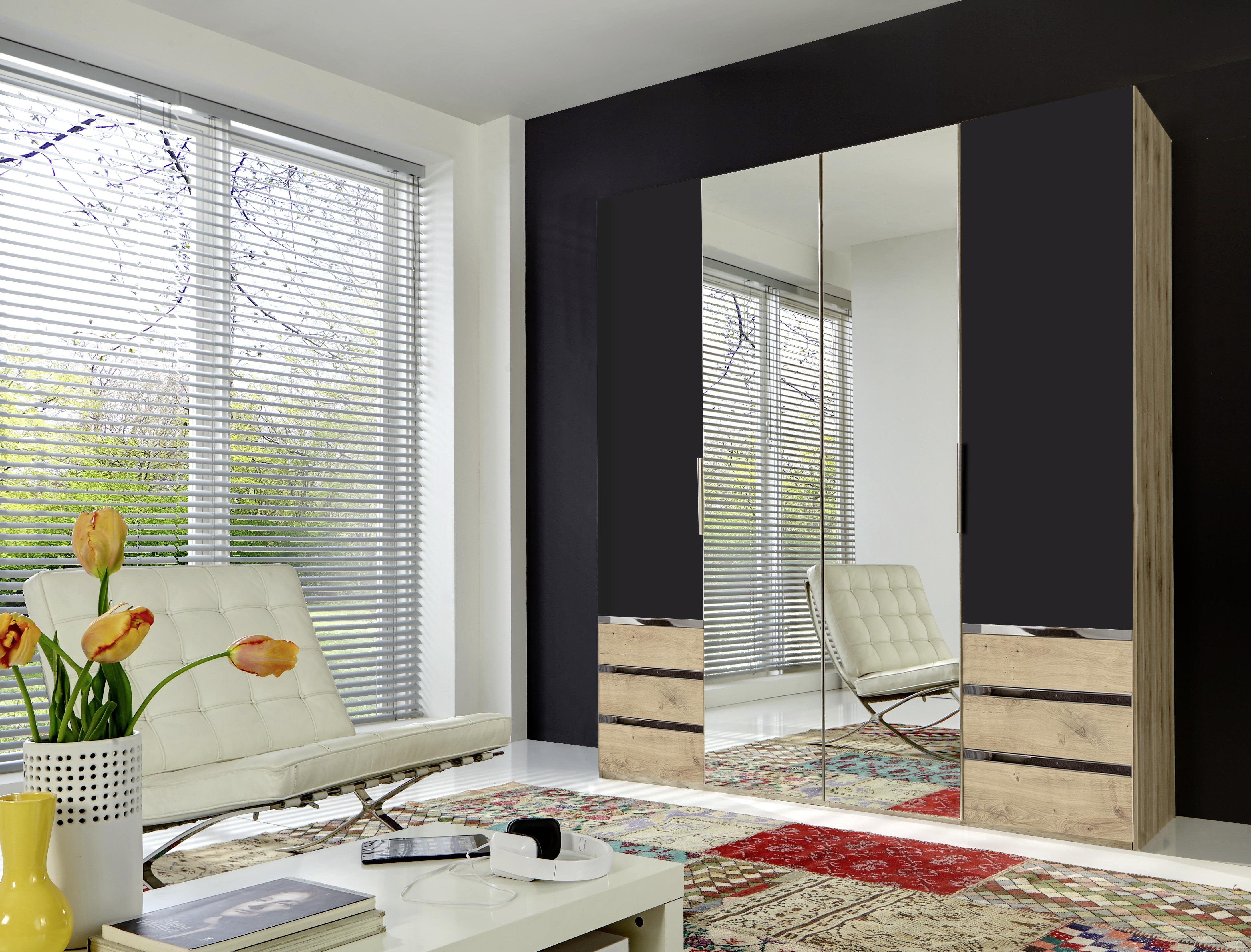 Drehtürenschrank Mit Spiegel + Laden 200cm Level 36a, Graphit - Eichefarben/Silberfarben, MODERN, Glas/Holzwerkstoff (200/216/58cm) - MID.YOU