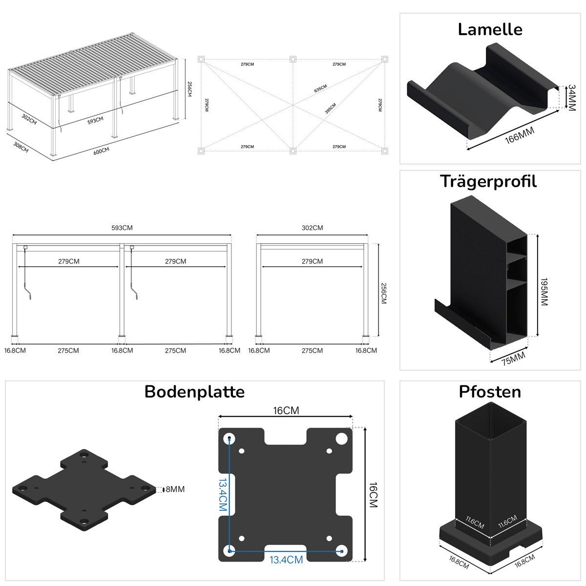 Pergola 300x600 cm Wetterbeständig, Weiß - Weiß Hochglanz, Basics, Metall (300/255/600cm)