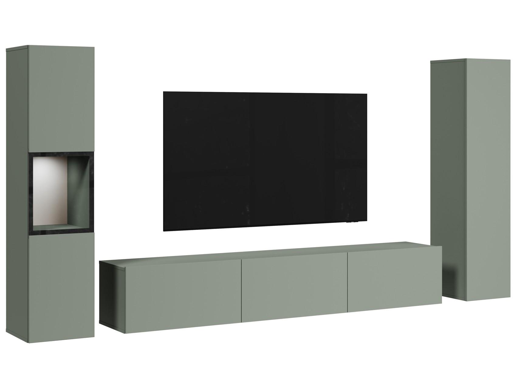 Wohnwand mit LED Berlin III Salbeigrün - Salbeigrün/Grau, Design, Glas/Holzwerkstoff (240/130/31cm) - P & B