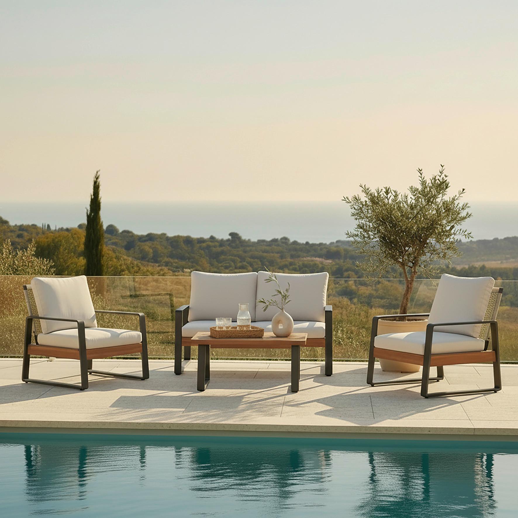 TERASOVÁ SEDACIA SÚPRAVA ALEXA - krémová/farba tíku, Modern, kov/drevo (150/81/85,5cm) - Bessagi Garden