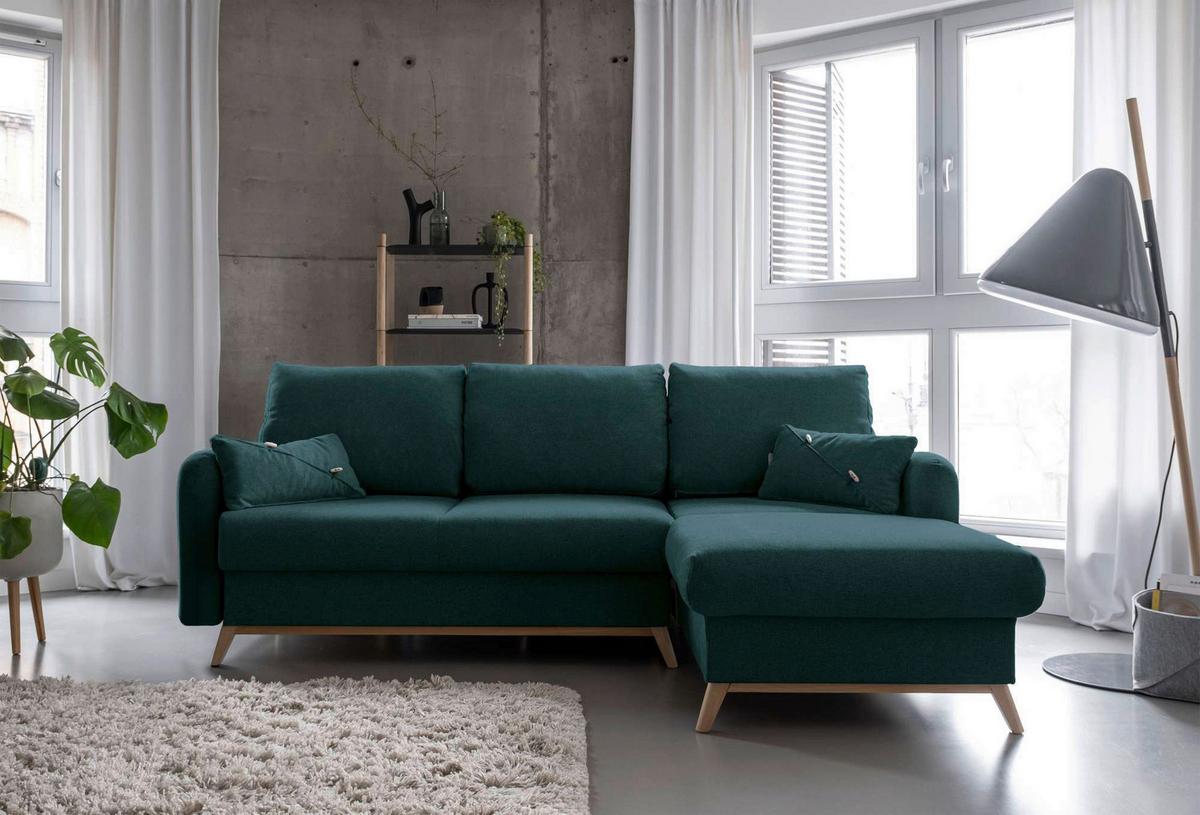 Sedačka LUCILE S, pravá, tyrkysová, úl.prostor a lůžko - přírodní barvy/tyrkysová, dřevo/textil (235/157cm) - MID.YOU