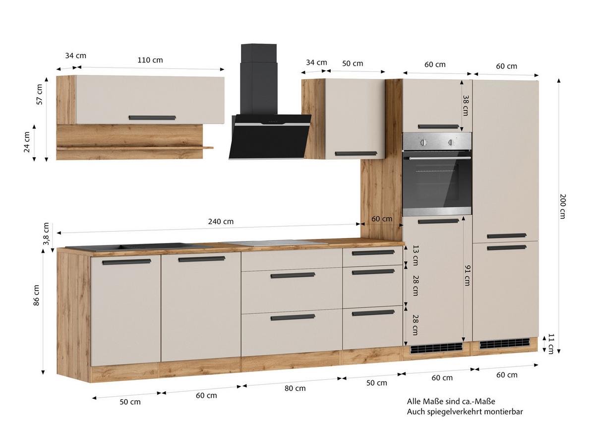 Küchenblock Aveiro Kaschmir/Eiche Wotan B: 360cm - Kaschmir/Eiche Wotan, Trend, Holzwerkstoff/Metall (360cm) - Held