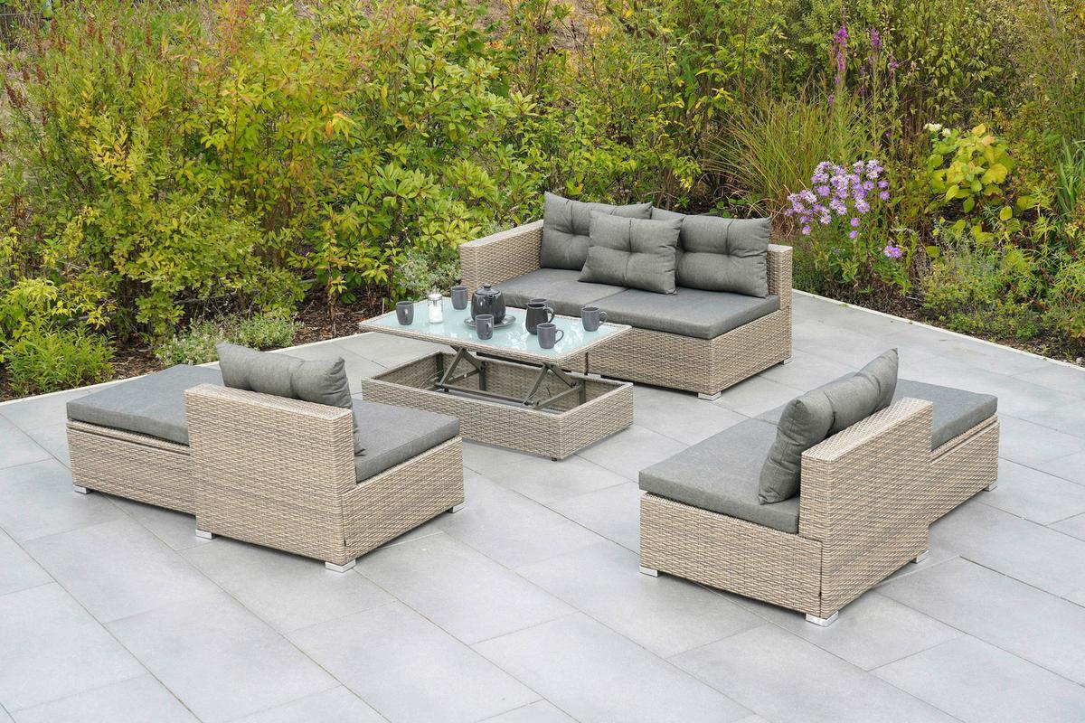Loungegarnitur 7-Tlg. Vilemanzano aus Kunststoff - Naturfarben/Grau, MODERN, Glas/Kunststoff - Gardenson
