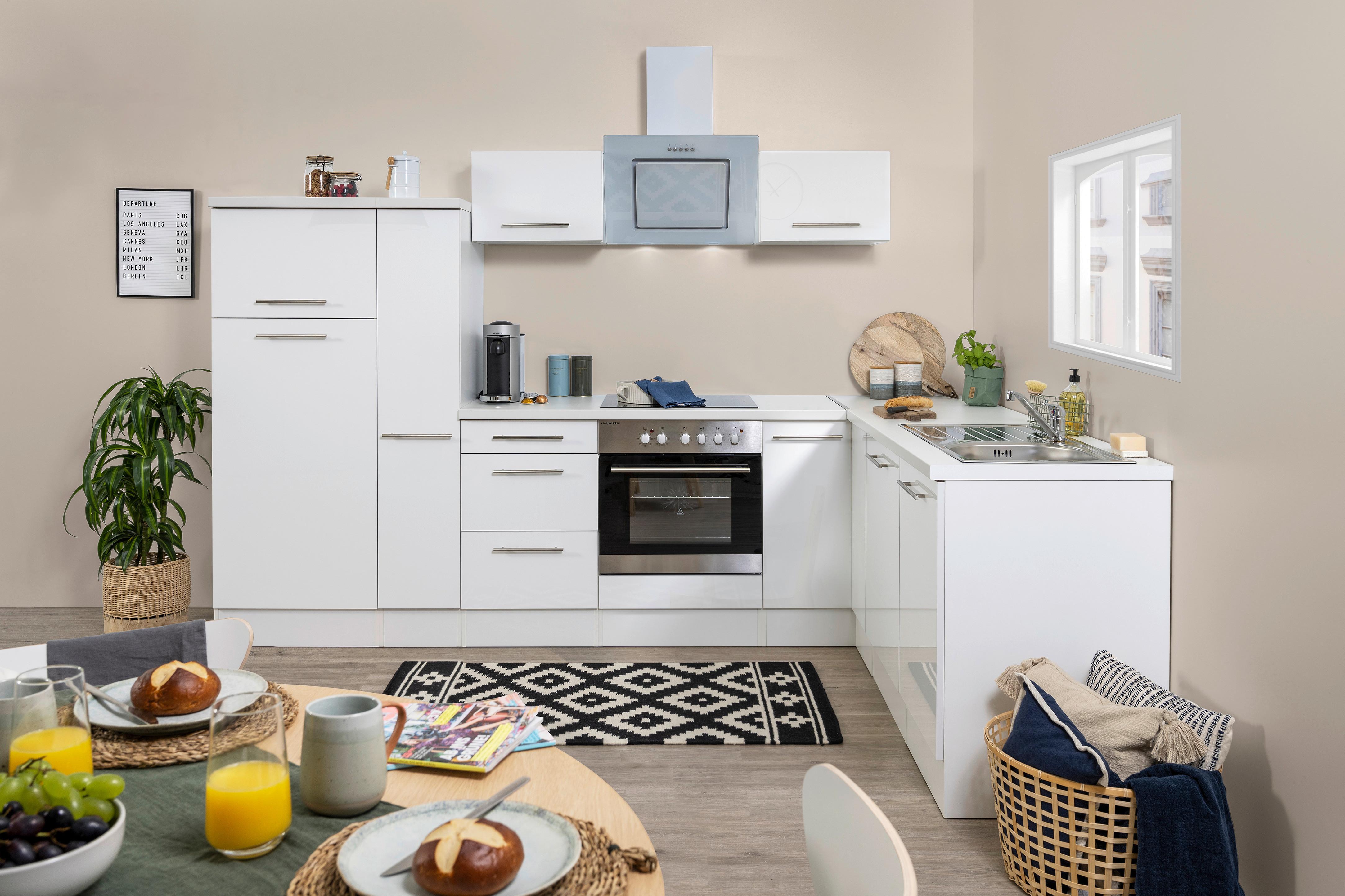 Eckküche RP290WWC mit Geräten 290x200 cm Weiß - Weiß Hochglanz/Weiß, KONVENTIONELL, Holzwerkstoff (290/200cm) - Respekta