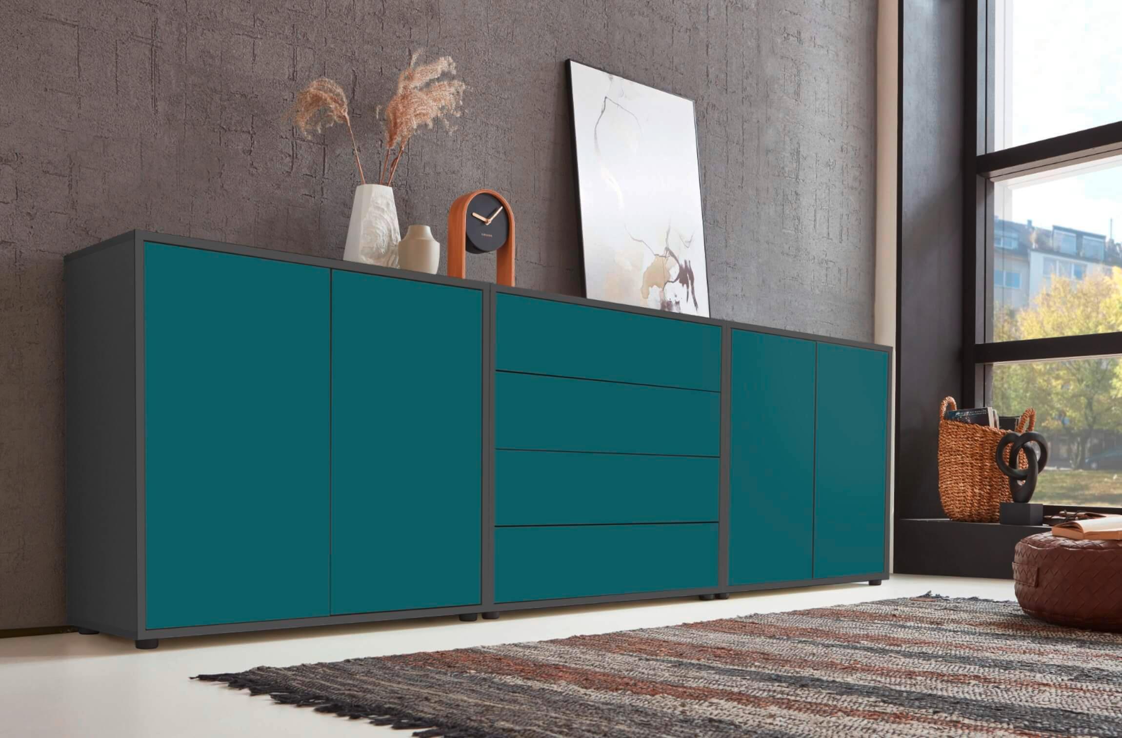 Sideboard Mailand 5 B: 237 cm Petrol - Anthrazit/Petrol, MODERN, Holzwerkstoff (237/73/33cm) - MID.YOU