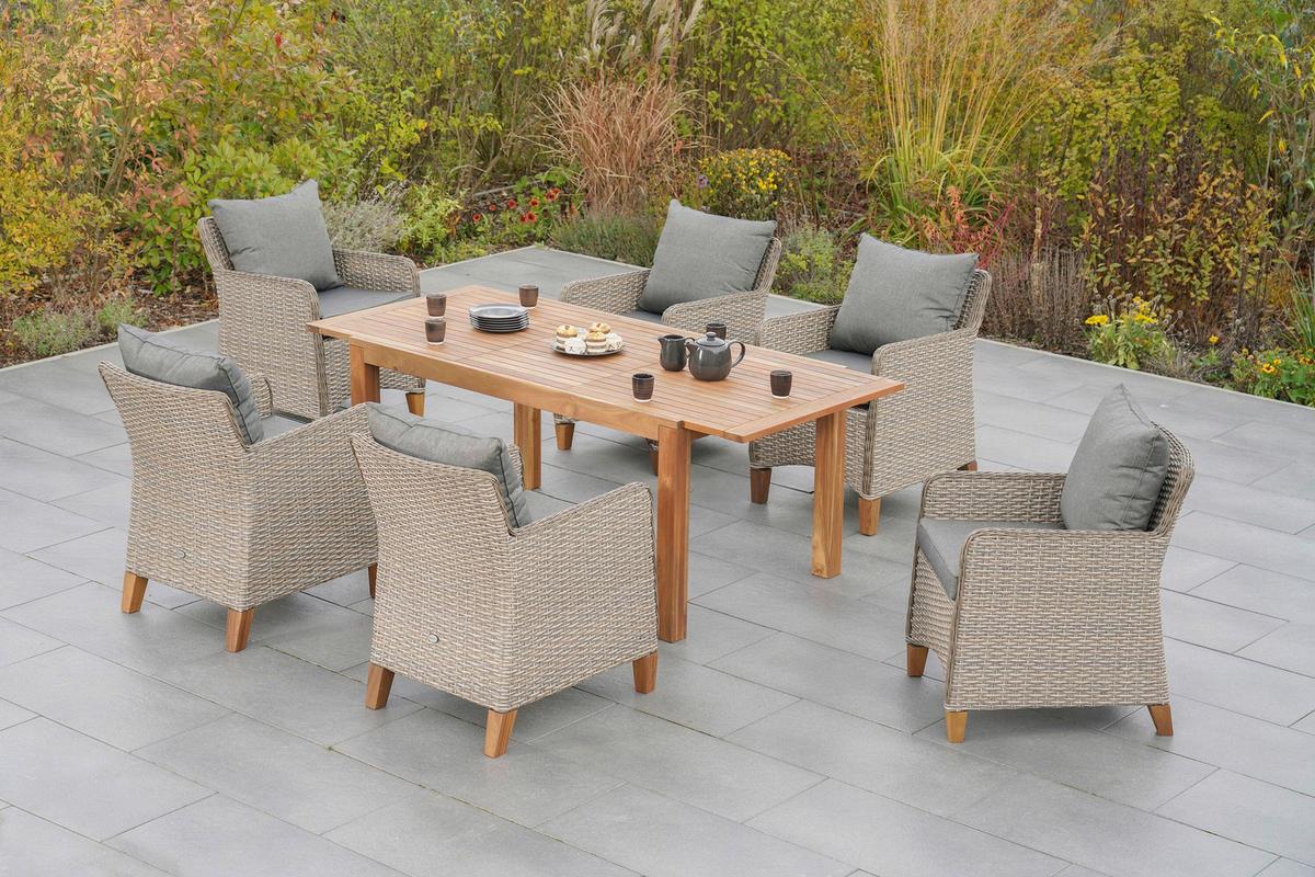 Gartentischgruppe 7tlg. Set Inkl. Kissen - Beige/Beigebraun, KONVENTIONELL, Holz/Kunststoff - Gardenson