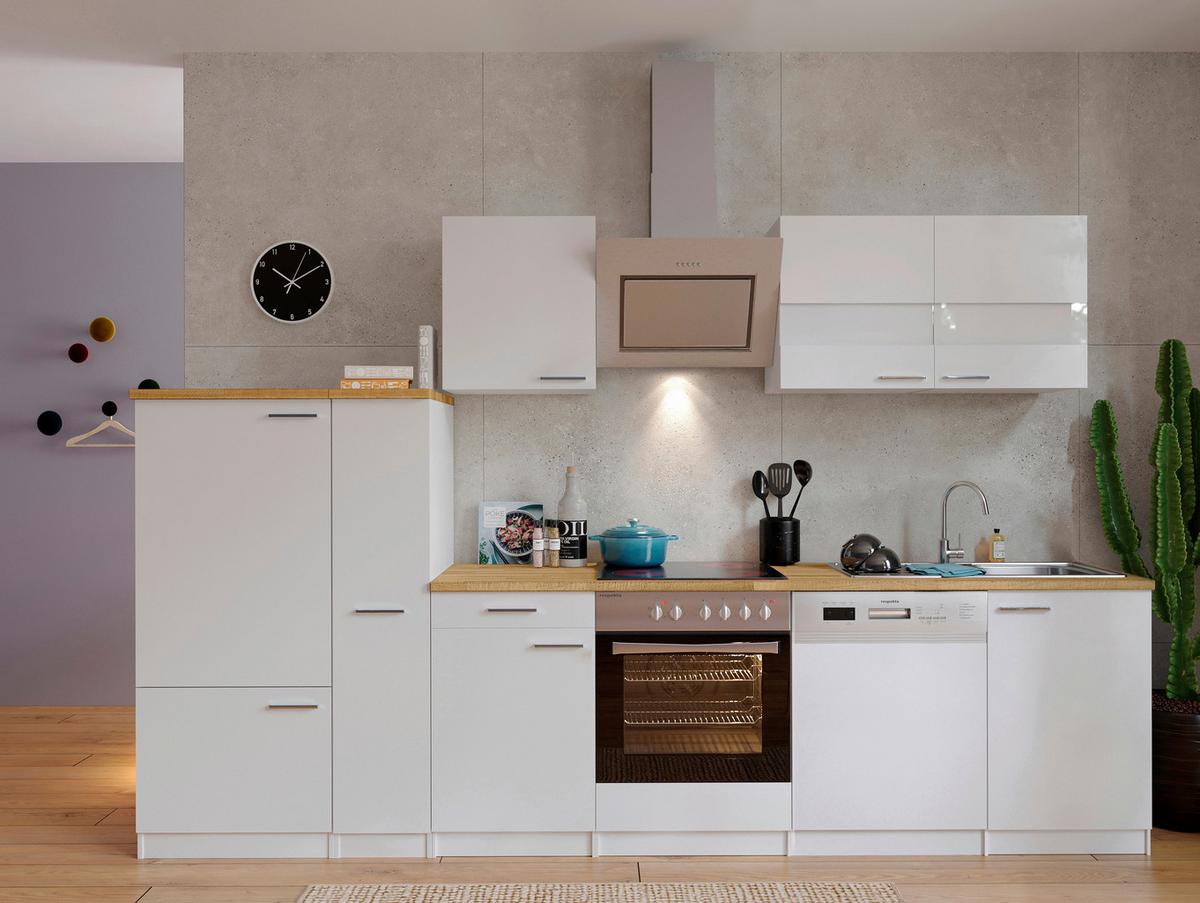 Küchenzeile Economy mit Geräten 310 cm Weiß/Nussbaum Dekor - Nussbaumfarben/Weiß, Basics, Holzwerkstoff (310cm) - Respekta
