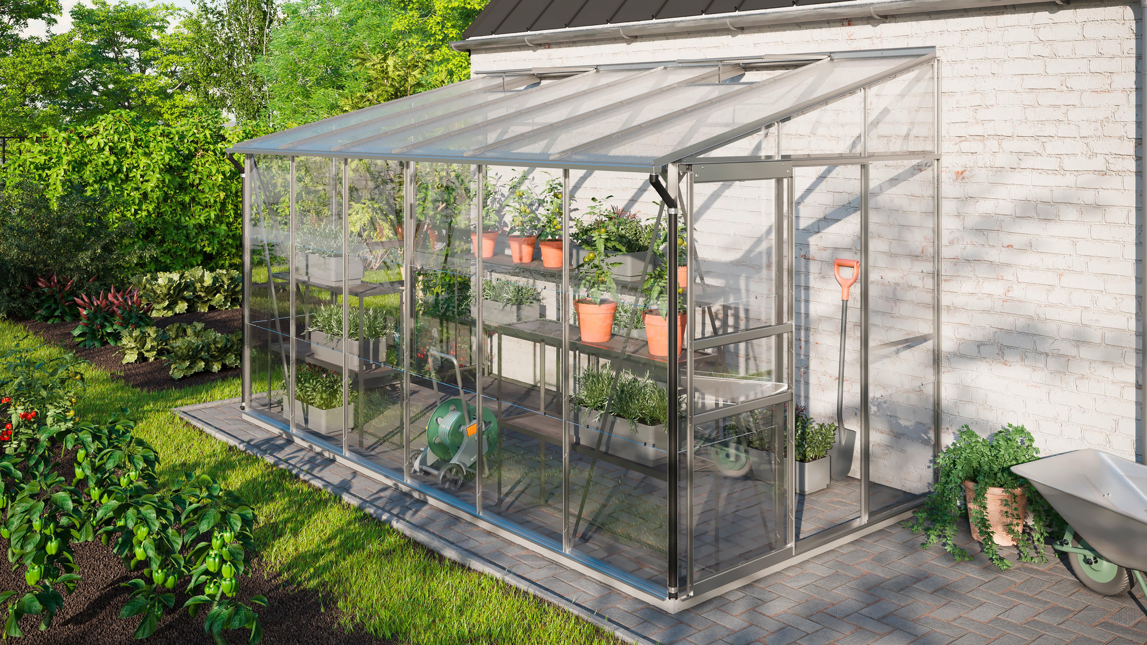 Großes Anlehngewächshaus mit Pultdach und zwei Dachfenstern