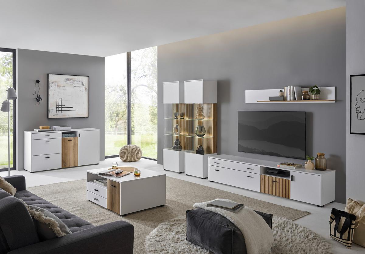 Lowboard Hudson Weiß/Eichefarben B: 200 cm - Eichefarben/Schwarz, Design, Holzwerkstoff (200/44/42cm) - MID.YOU