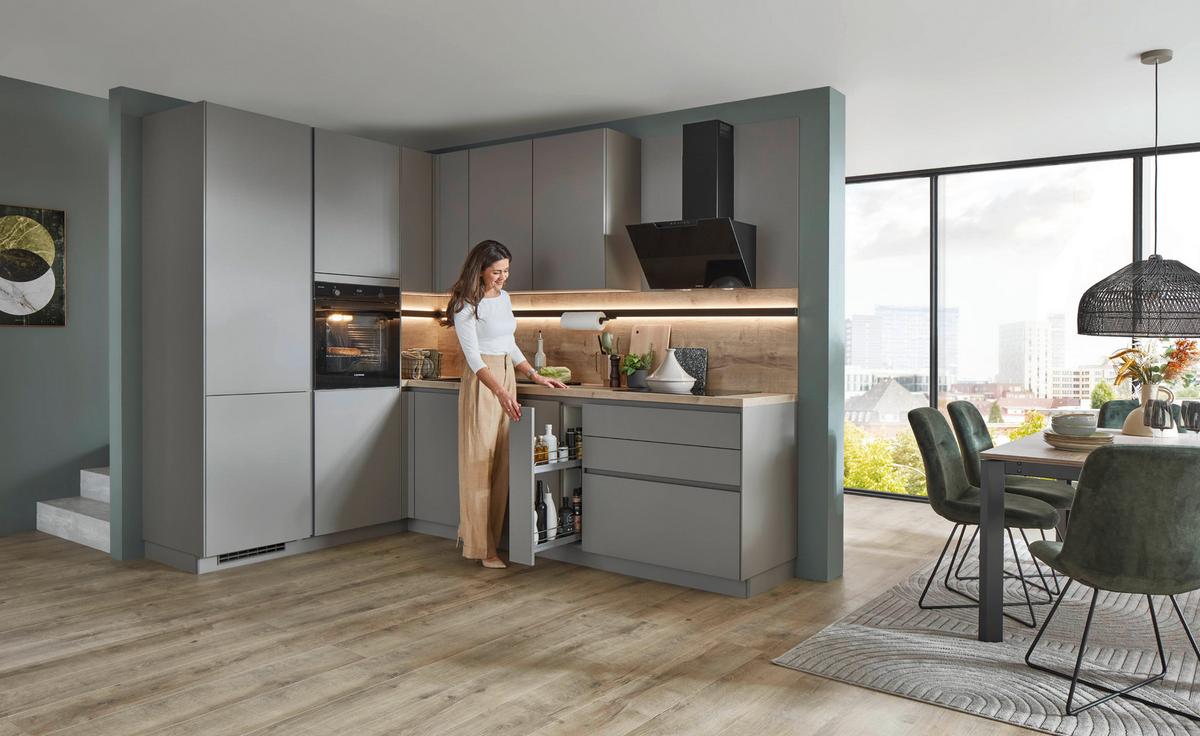 Eckküche Las Vegas - Taupe/Eichefarben, Basics, Holzwerkstoff (190/281cm) - Vertico
