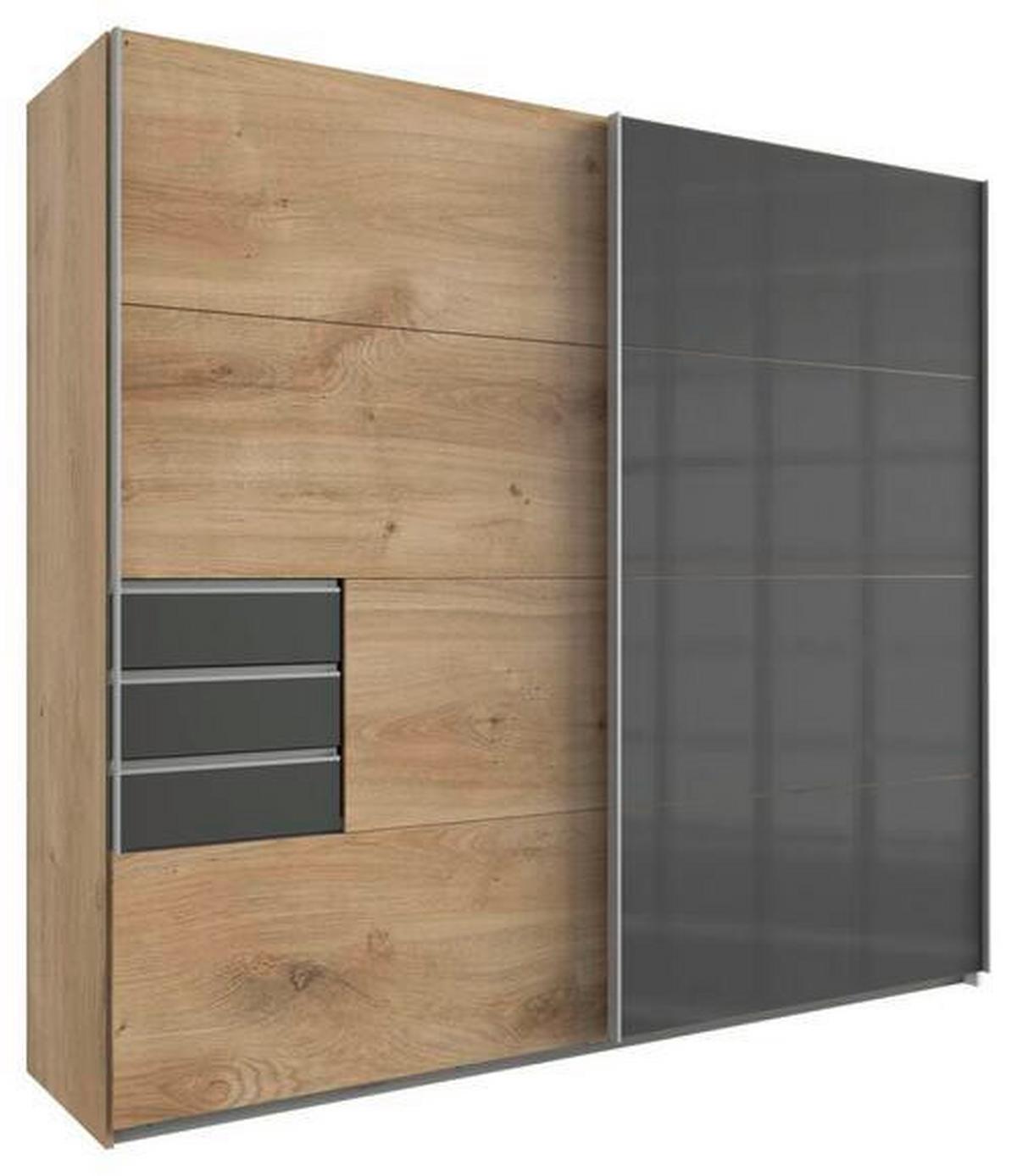 Schwebetürenschrank mit Laden 225cm Saigon, Eiche/Graphit - Eichefarben/Graphitfarben, Basics, Holzwerkstoff (225/210/64cm) - MID.YOU