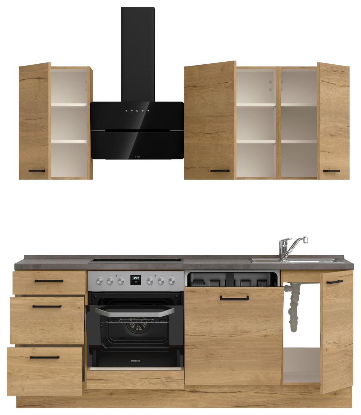 Kuchynská linka 210 cm, dub Sierra - čierna/farba duba, Modern, kov/kompozitné drevo (210cm) - Nobilia