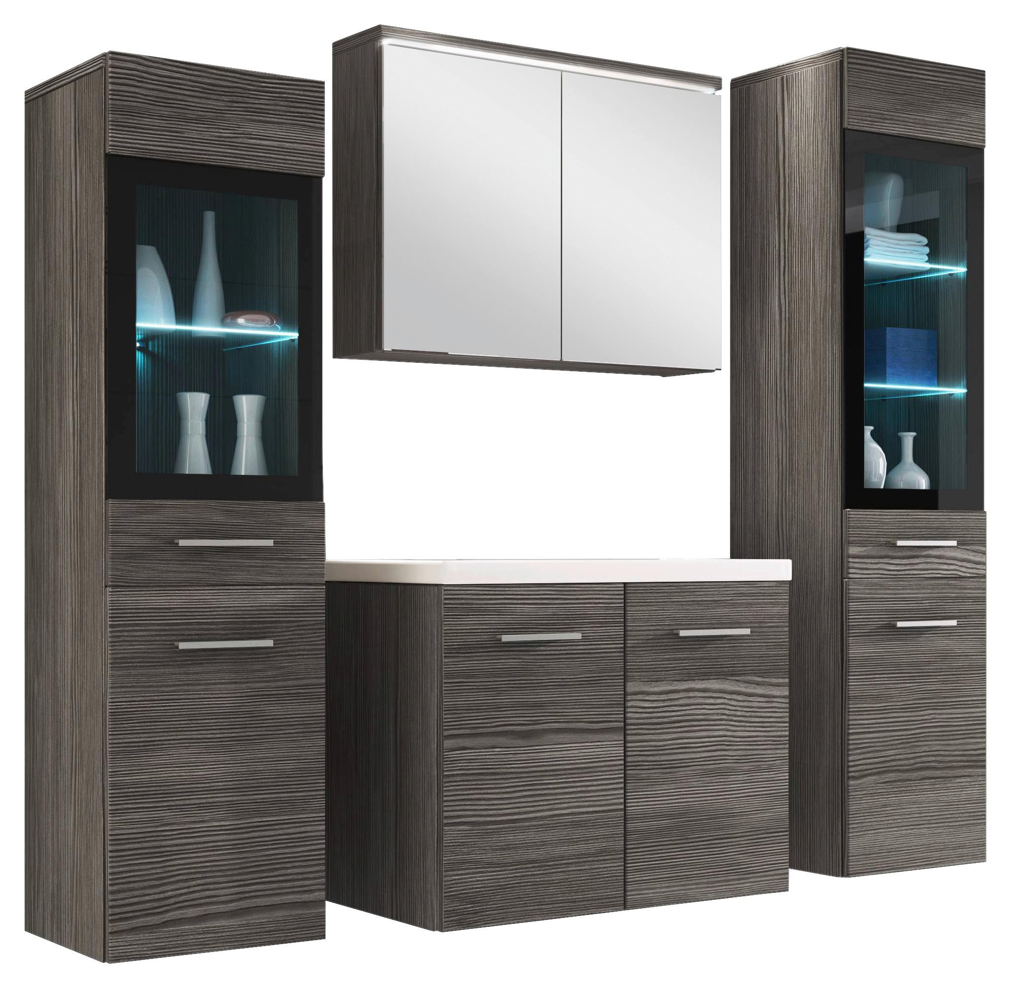 Badmöbel-Set 5-Tlg. inkl. LED Madrit Eiche Dekor - Eichefarben/Weiß, Basics, Glas/Holzwerkstoff (120cm) - P & B