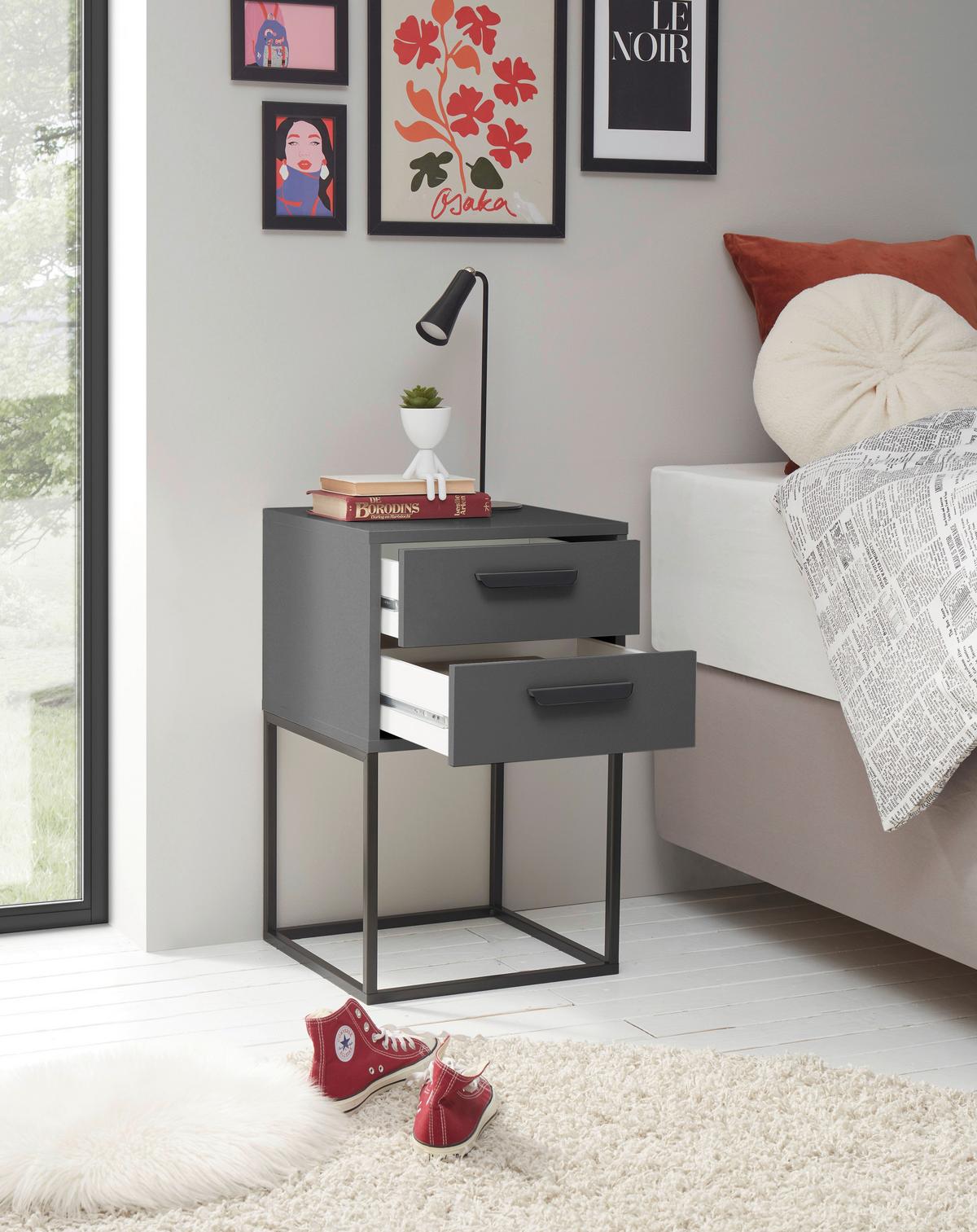 Nočný stolík SUNA 2 zásuvky dekor grafit - čierna/grafitová, Modern, kov/kompozitné drevo (40/65/38,5cm)