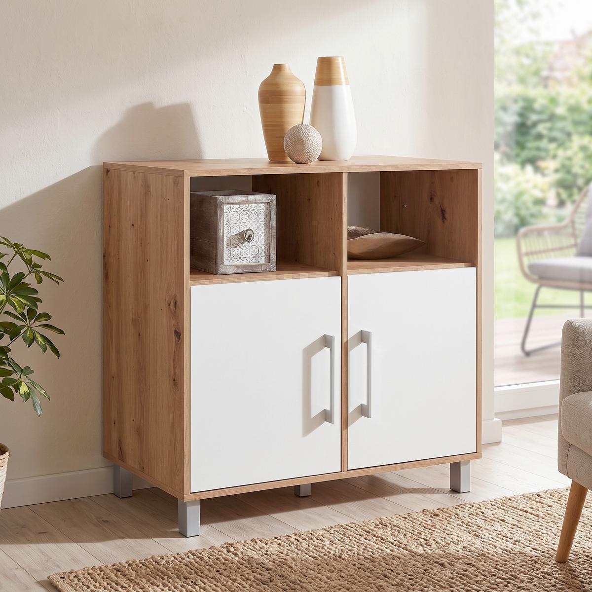 Kommode B 98cm Box, Artisan Eiche/Weiß - Eichefarben/Alufarben, MODERN, Holzwerkstoff (99/85/40cm) - Ondega