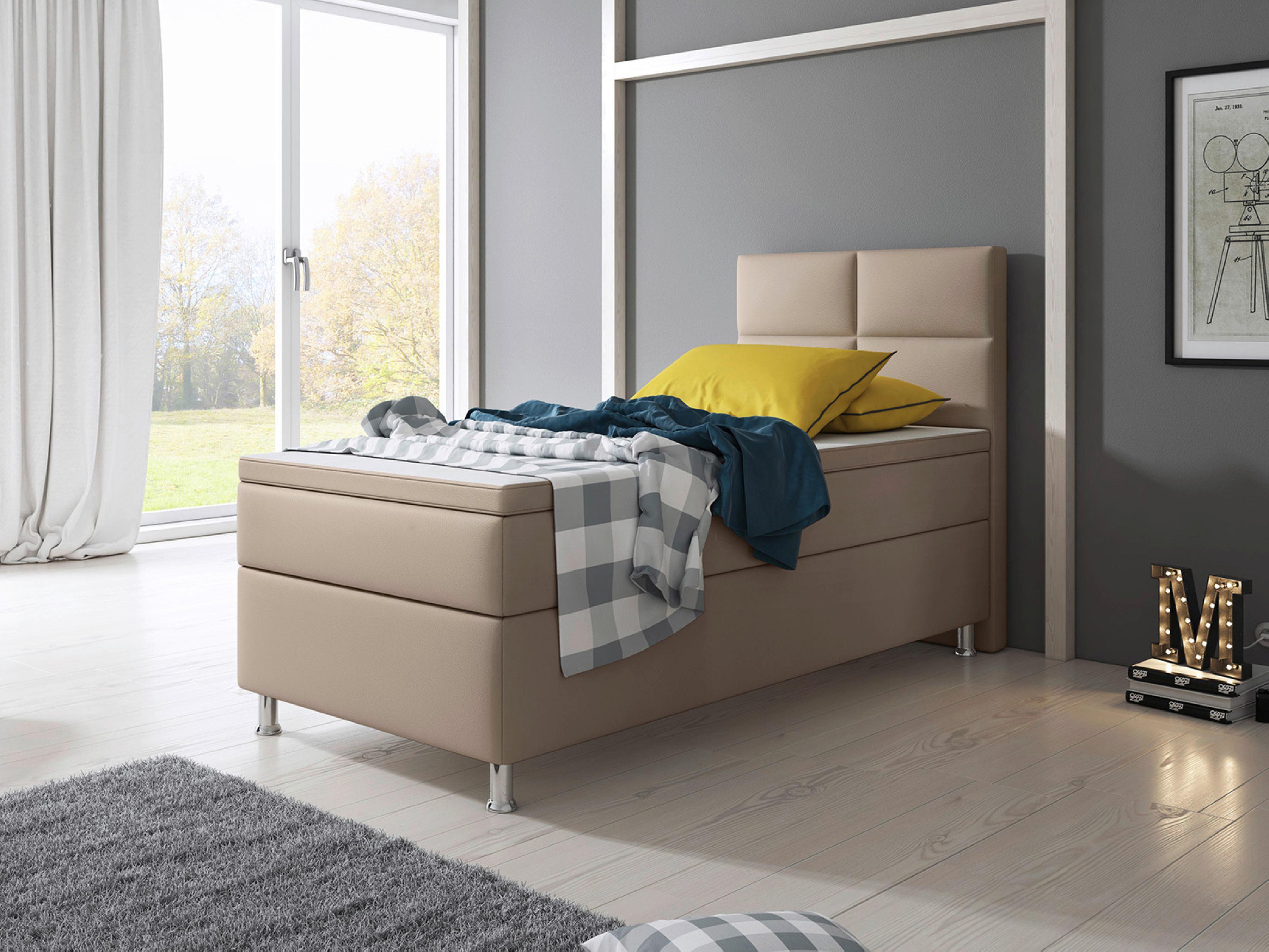 Boxspringbett Mit Topper Lederlook 90x210 Miami - Silberfarben/Cappuccino, KONVENTIONELL, Leder/Textil (90/115/210cm) - MID.YOU