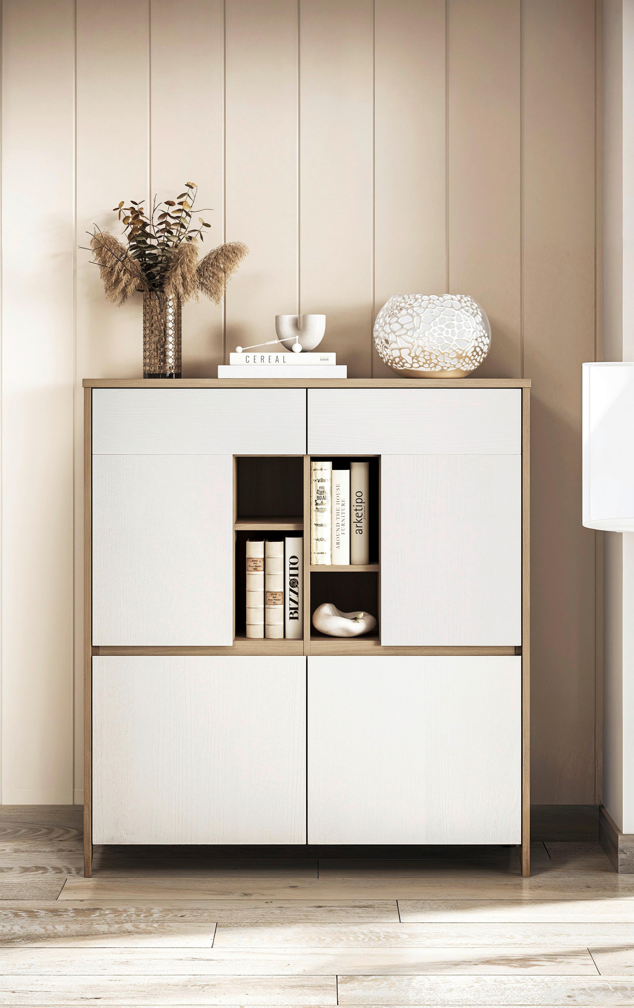 Highboard Stranda Weiß/Eiche B: 111cm - Eichefarben/Weiß, Design, Holzwerkstoff (111/125/39cm) - MID.YOU
