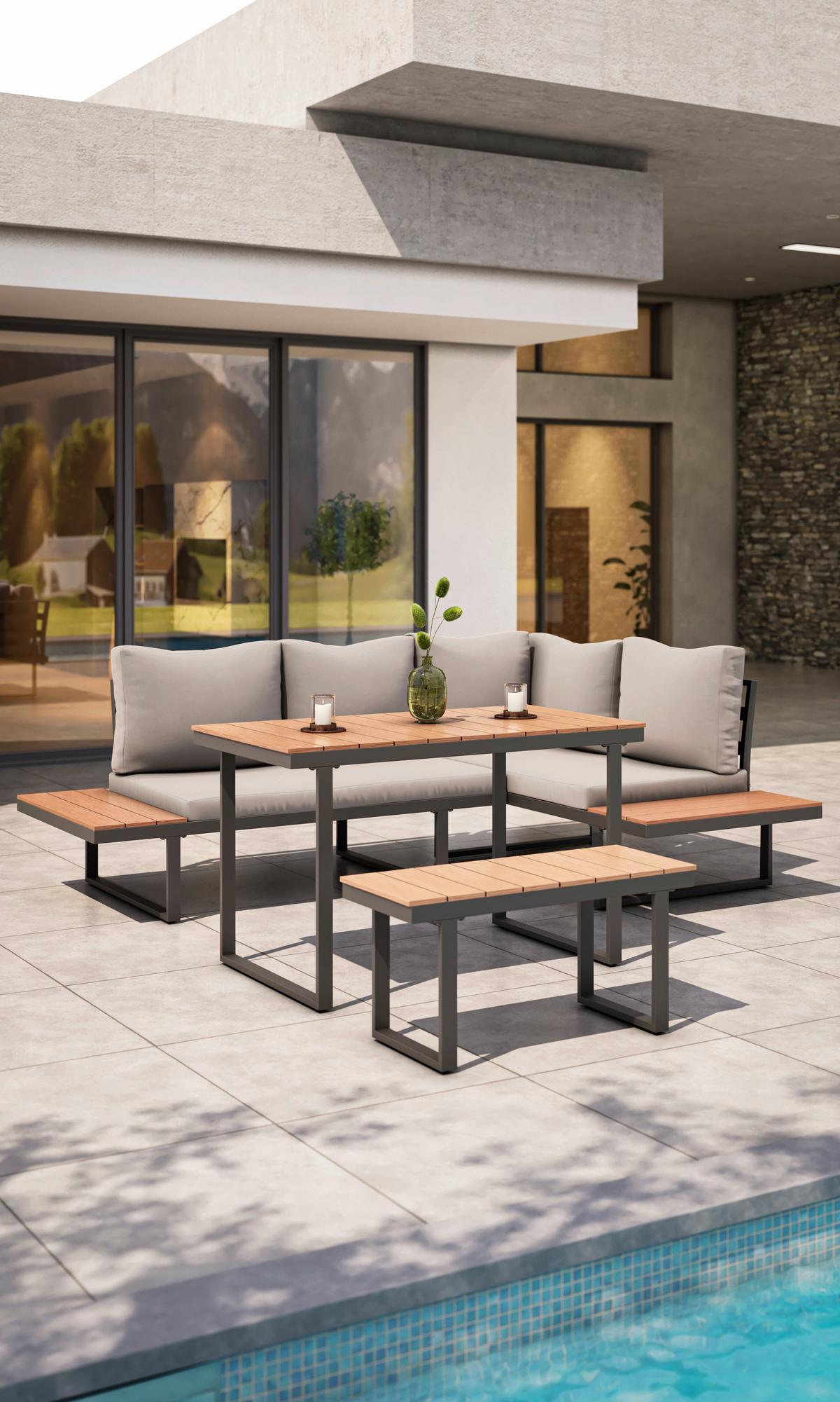 Loungegarnitur 4-Tlg Aarhus Metall/Holz mit Kissen - Schwarz/Naturfarben, MODERN, Kunststoff/Textil (146/216cm) - Beldano