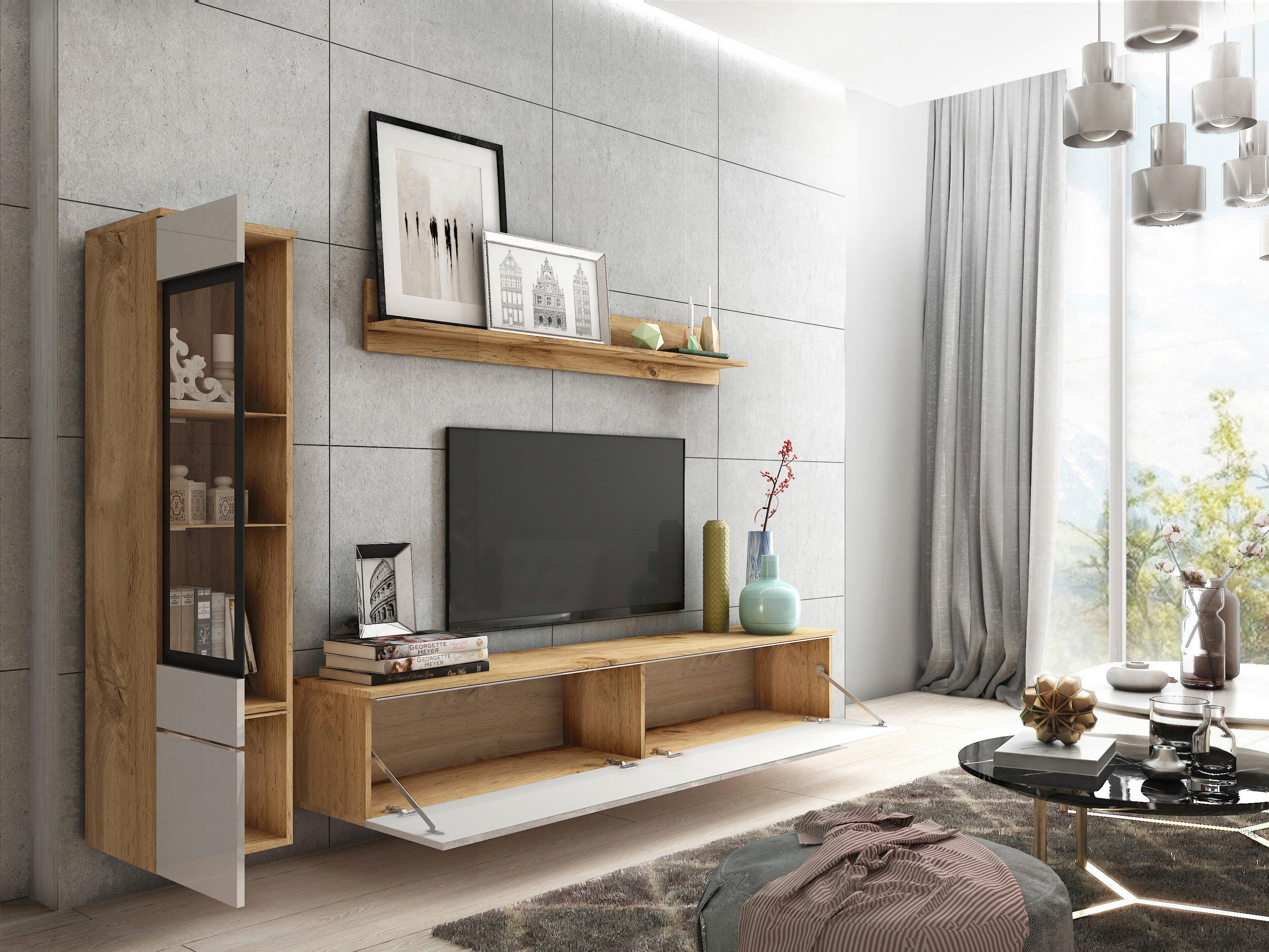Wohnwand VERA mit Vitrine, TV-Möbel und Wandboard