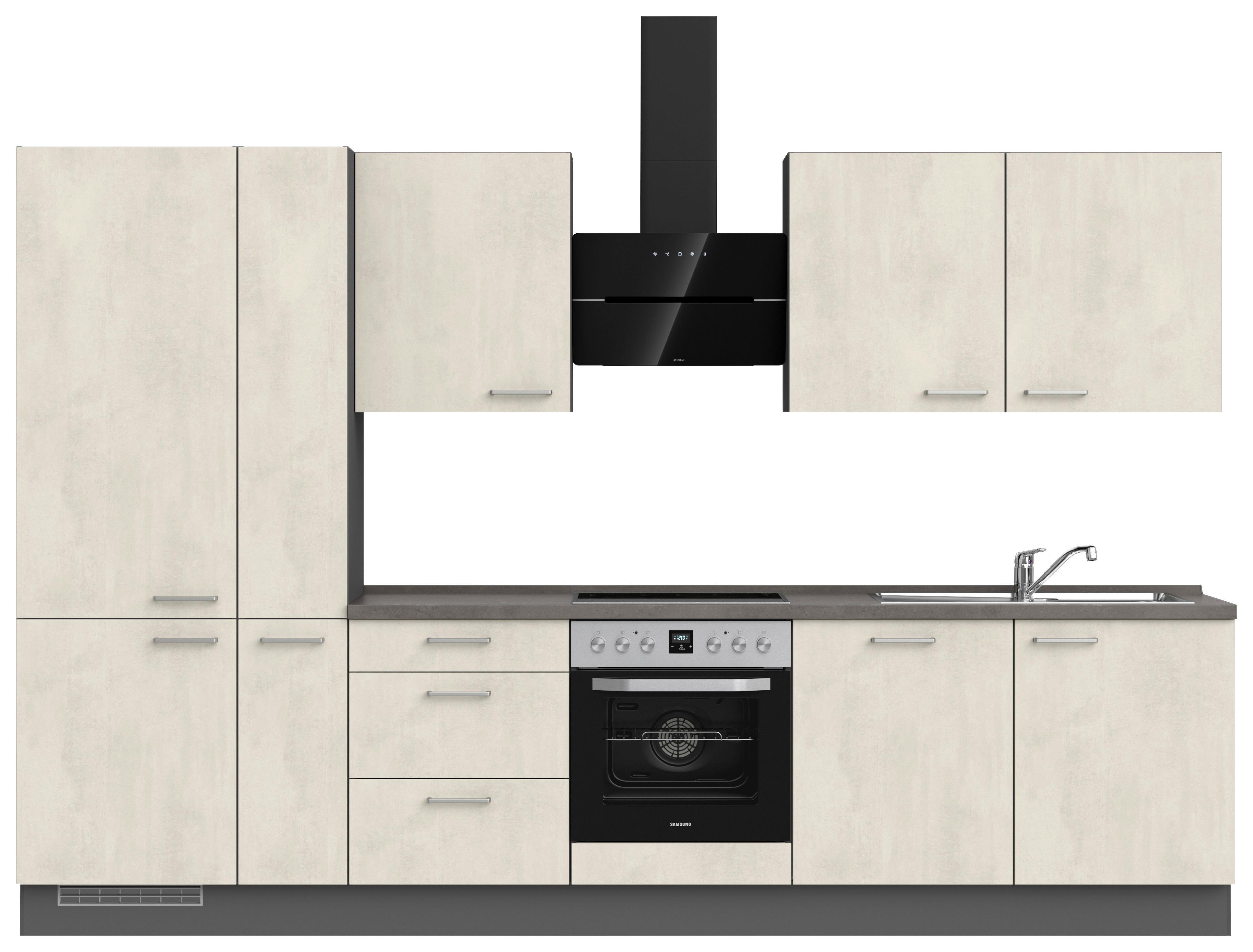 Kuchynská linka 330CM biely betón/ bridlicová šedá - biela/farba ušľachtilej ocele, Modern, kov/kompozitné drevo (330cm) - Nobilia