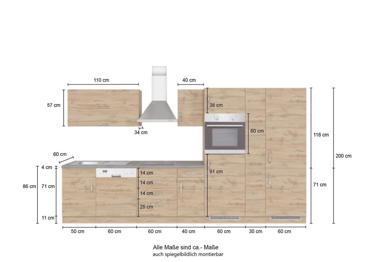 Küchenzeile Sorrento Mit Geräten 360 cm Eichefarben - Schieferfarben/Eiche Wotan, MODERN, Holzwerkstoff (360cm) - Held