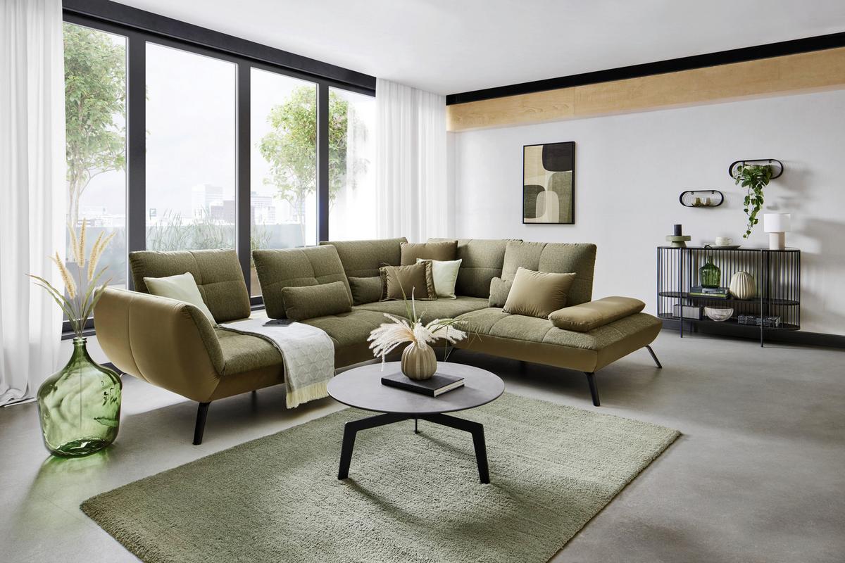 TRENDY, pravá, antracitová, s 3 bedrovými vankúšmi - olivovozelená/čierna, Modern, kov/kompozitné drevo (310/250/250cm) - Premium Living