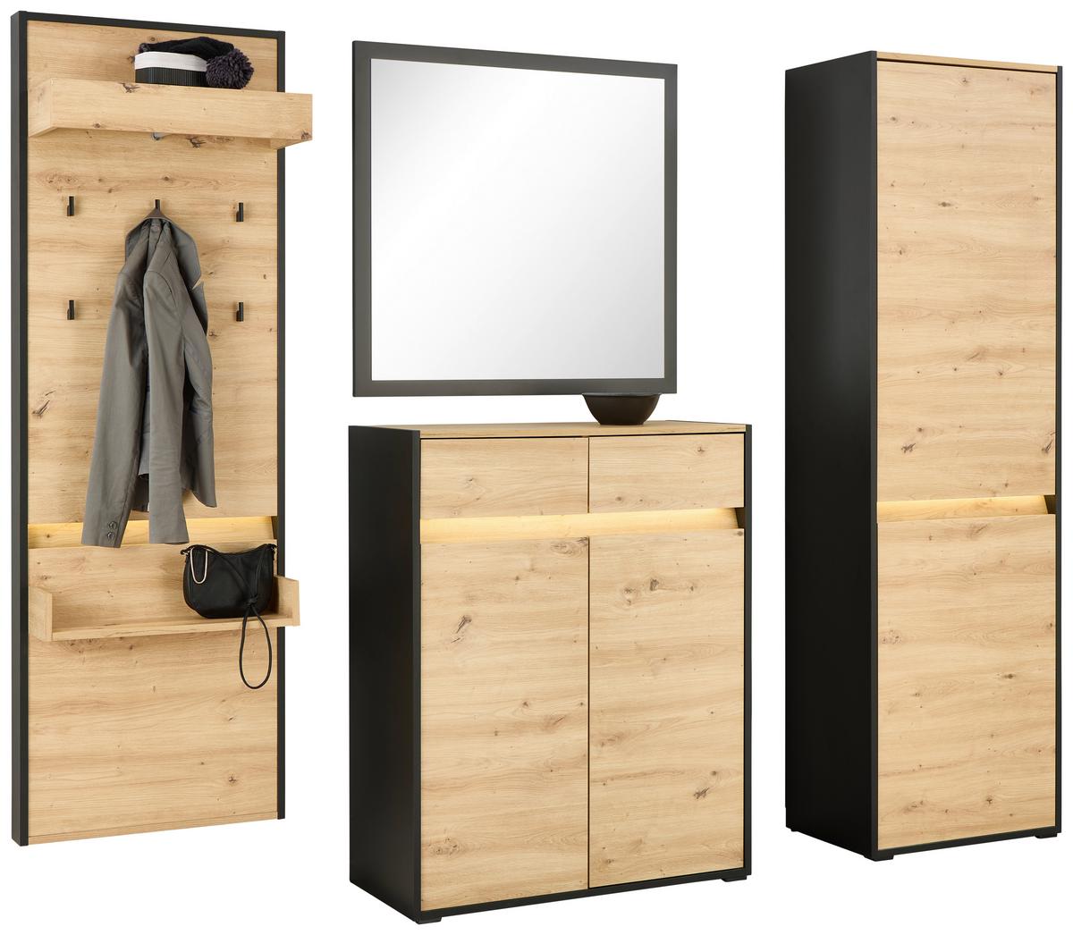 Garderoben-Set Welcome Eiche Dekor/Schwarz 4 -teilig. - Eichefarben/Schwarz, MODERN, Holzwerkstoff (209,1/200,7/38cm)