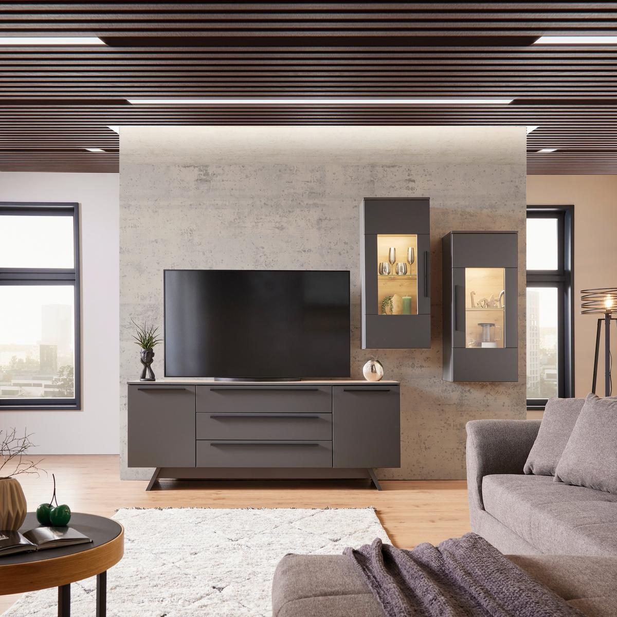 TV-Element Atlanta B: 200,1 cm Grau/Eiche Dekor - Eichefarben/Grau, MODERN, Holzwerkstoff (200,1/80,2/46,2cm)