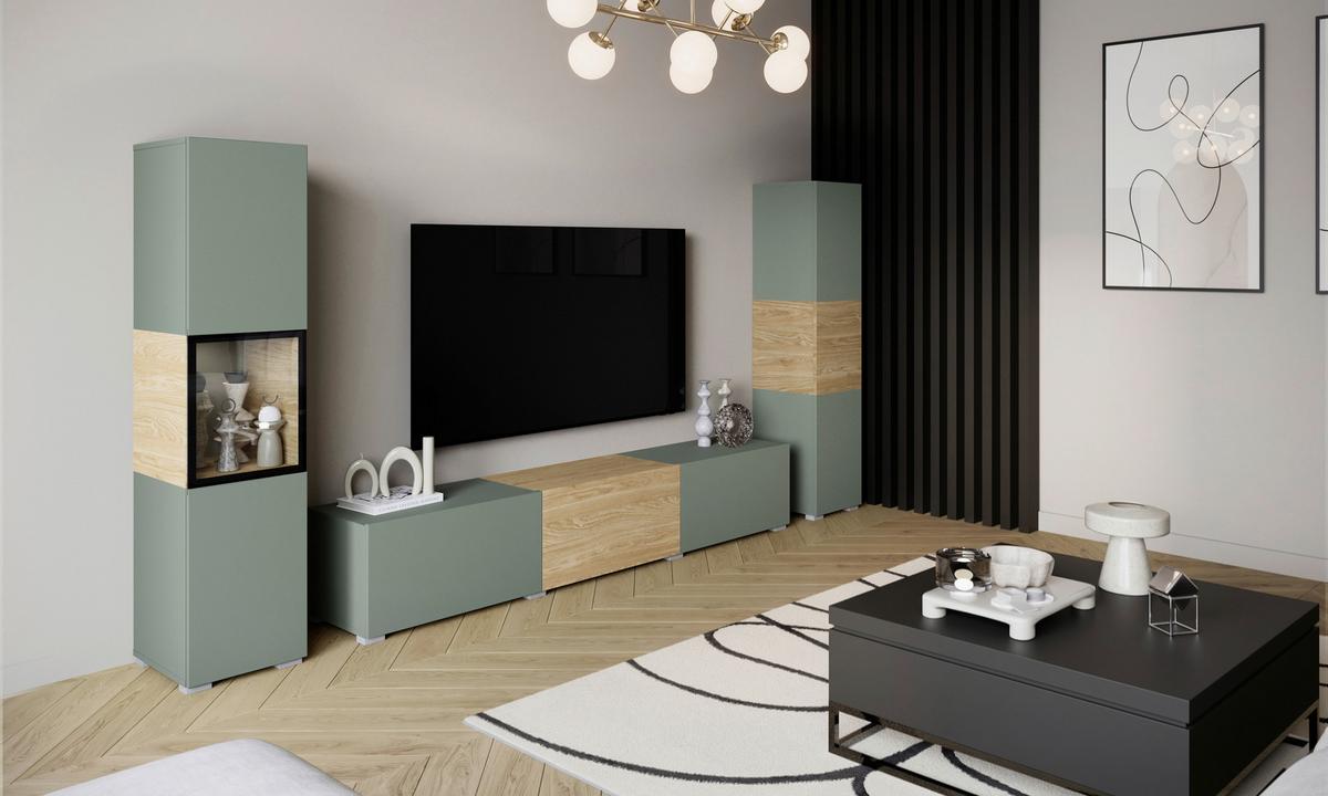 Wohnwand mit LED Berlin III Salbeigrün/Eichefarben - Eichefarben/Salbeigrün, Design, Glas/Holzwerkstoff (240/130/31cm) - P & B
