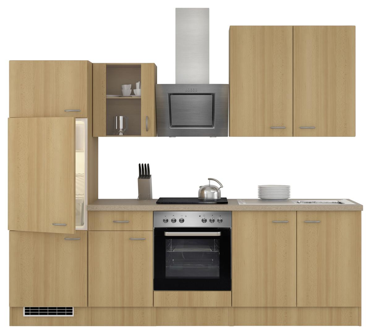 Küchenzeile Nano mit Geräten 270 cm Creme/Buche Dekor - Beige/Buchefarben, MODERN, Glas/Holzwerkstoff (270cm) - FlexWell