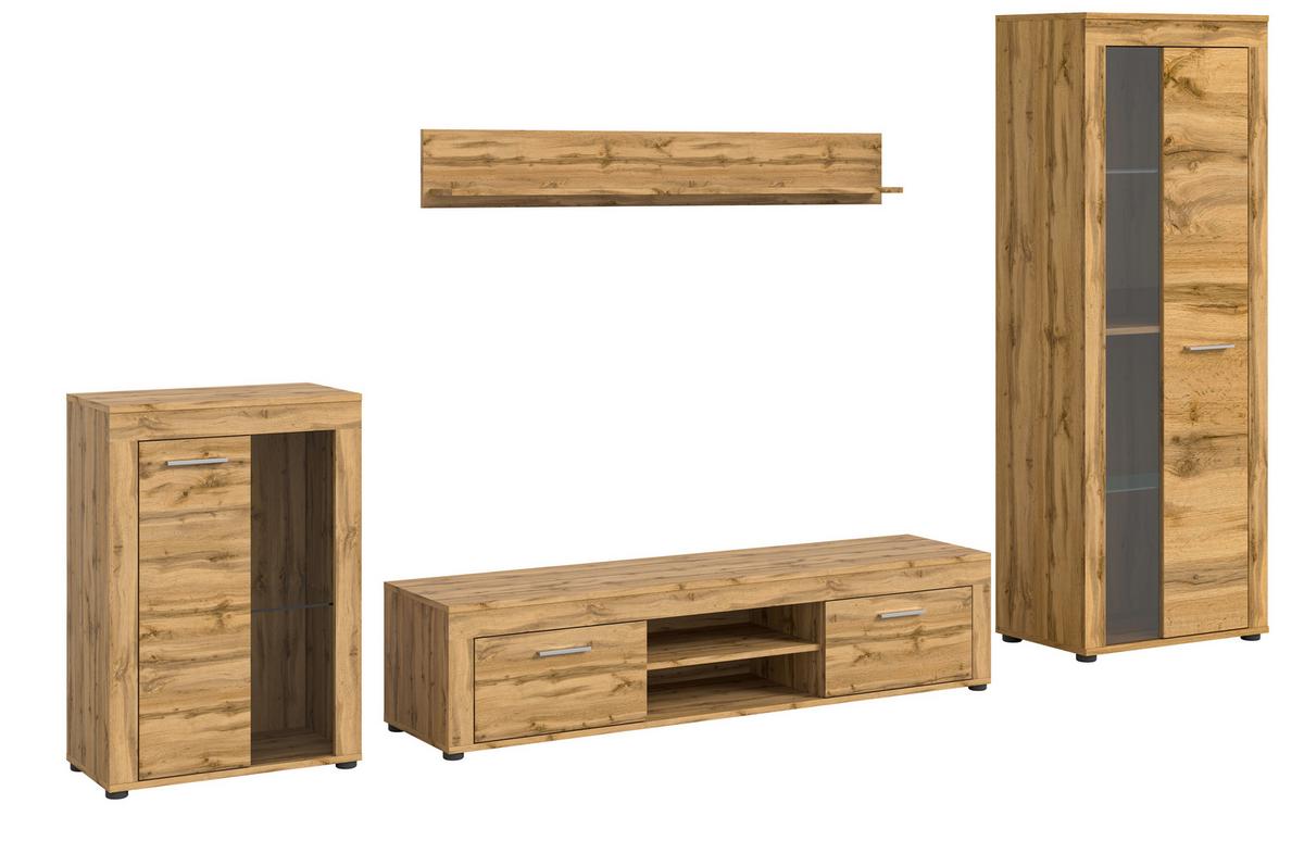 Wohnwand Jam Eiche Wotan Dekor B: 310cm - Eiche Wotan/Schwarz, Design, Glas/Holzwerkstoff (310/169/35cm) - MID.YOU