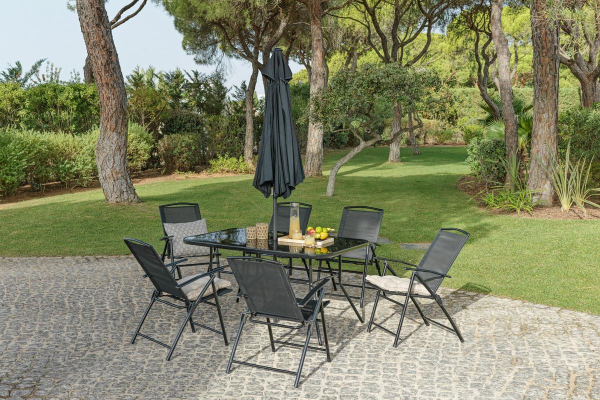 Gartengarnitur 7-tlg. Laura Stahl/glas/textilene + Schirm - Schwarz, MODERN, Glas/Textil (140/90/70cm) - Luca Bessoni