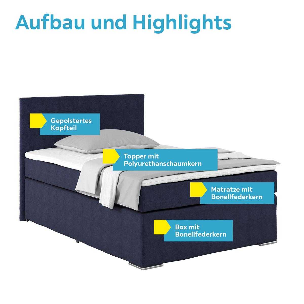 Boxspringbett Mit Topper 140x200cm Nero, Blau - Blau/Chromfarben, KONVENTIONELL, Textil (140/200cm)
